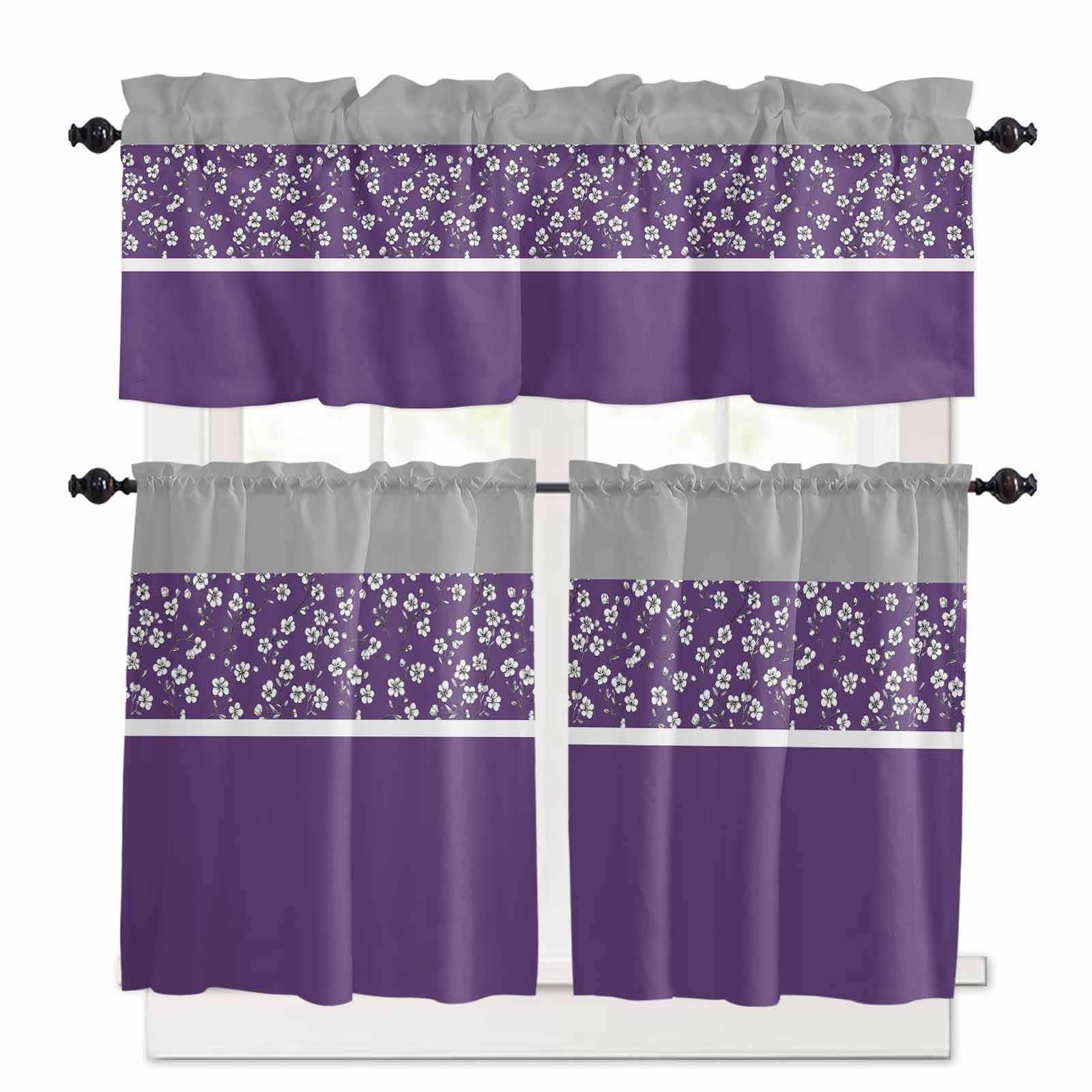 Purple Grey Flowers Kitchen Curtains 36 Inch Length, 3 Piece Rod Pocket Small Half Tiers and Valance Set, Classic Botanical Art Elegant Small Large Window Treatment Decor for Bedroom/Bathroom Sink