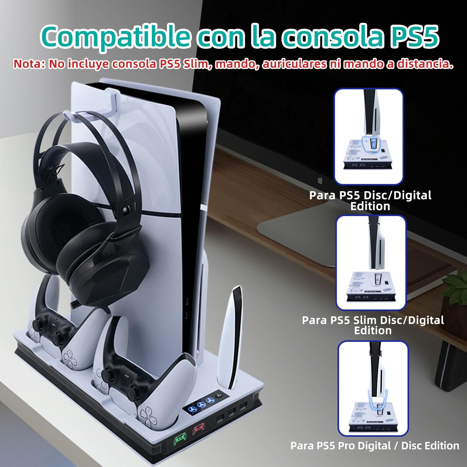 Soporte de Refrigeración para PS5 / PS5 Slim / PS5 Pro, Soporte para PS5 Vertical Ventiladores de Refrigeración y Estación de Carga de Dual Dontrolador, 3 USB, Soporte para Auriculares