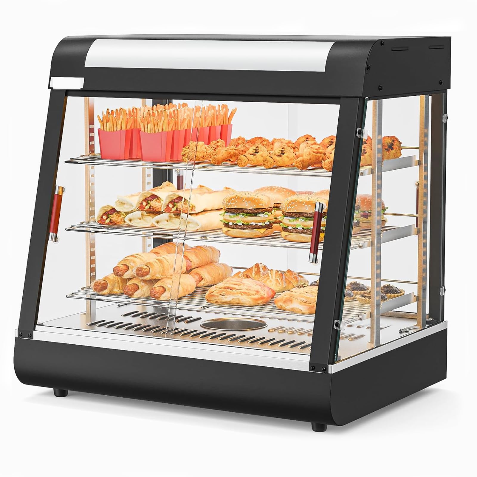 ZephPerton Warmer Display Countertop, Display Pizza Warmer, W/LED Adjustable Removable Shelves, Front and Rear Glass Door Design, Stainless Steel Water Storage Box for Buffet Restaurant Party