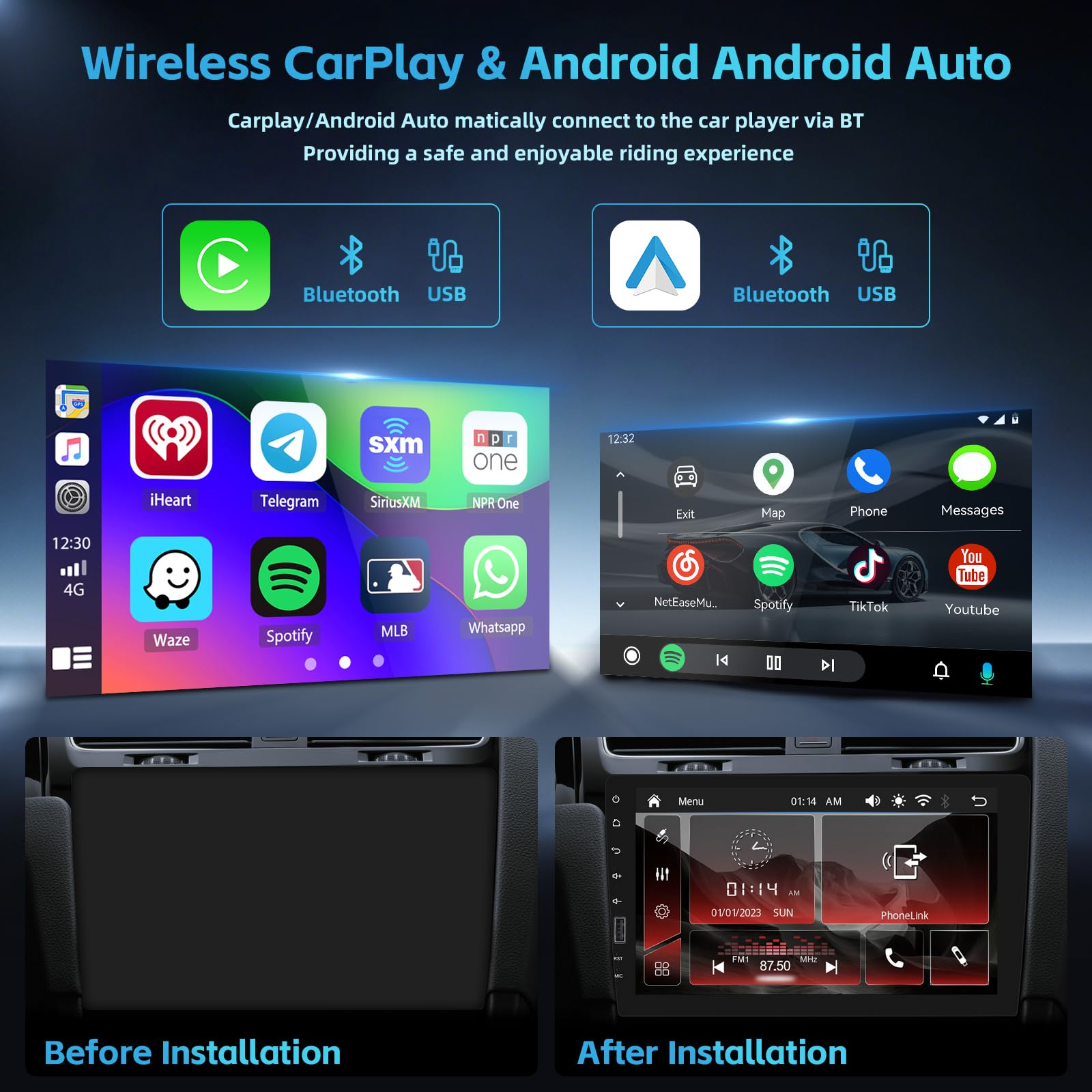 Hikity Autoradio 1 Din 9" Wireless CarPlay Android Auto Bluetooth