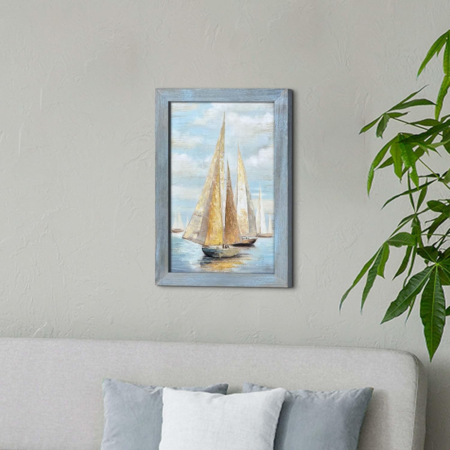 Ocean Nautical Sailboat Wall Art: Rustic Coastal Wooden Framed Sea Boat Seascape Texture Painting Prints Beach Seaside Relaxing Landscape Picture Artwork for Living Room Bedroom Bathroom 24x16 Inch