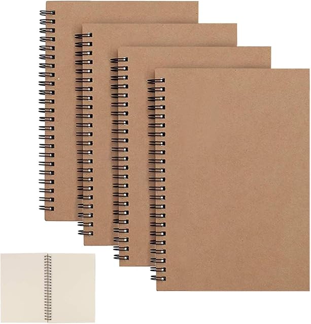 CYH 4 Packs Spiral Notebook A5 Kraft Cover Notepad, Blank Paper Sketchbook 100 Pages/ 50 Sheets Memo Planner Sketch Pad, Perfect for Memos, Painting and Graffiti - 8.25 x 5.55 inch