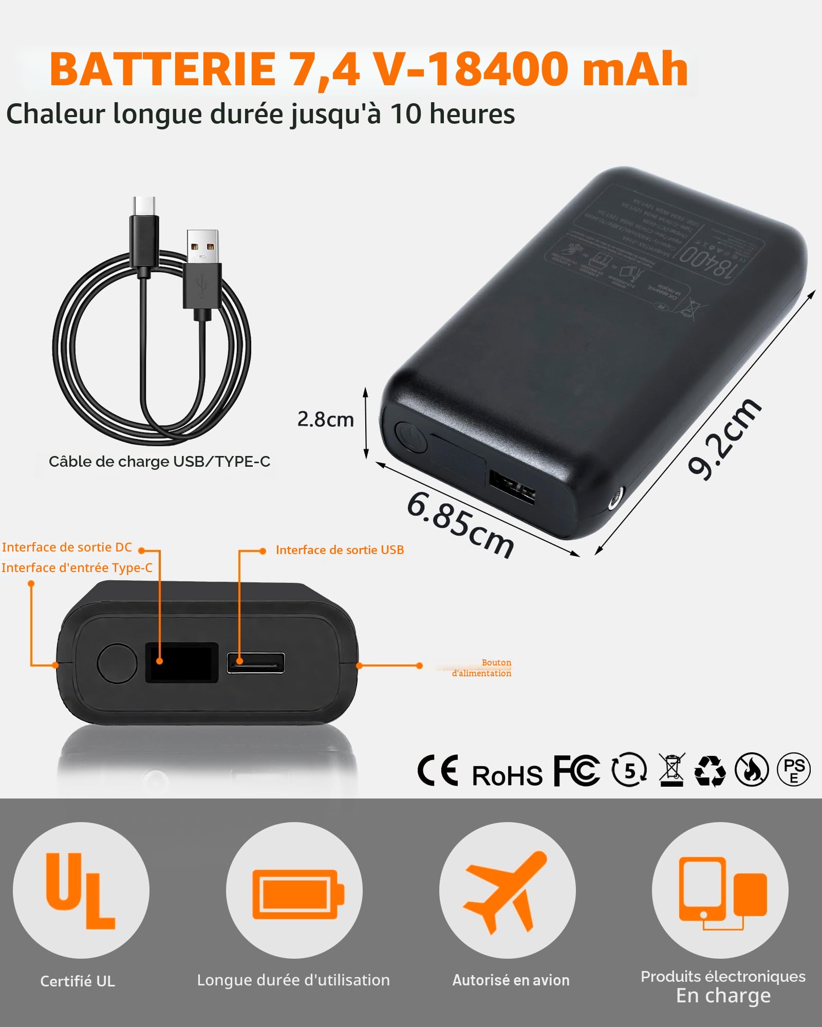 Veste Chauffante Homme 7.4V 18400mAh Batterie Incluse Gilet Chauffant 3 Températures Réglables Lavable