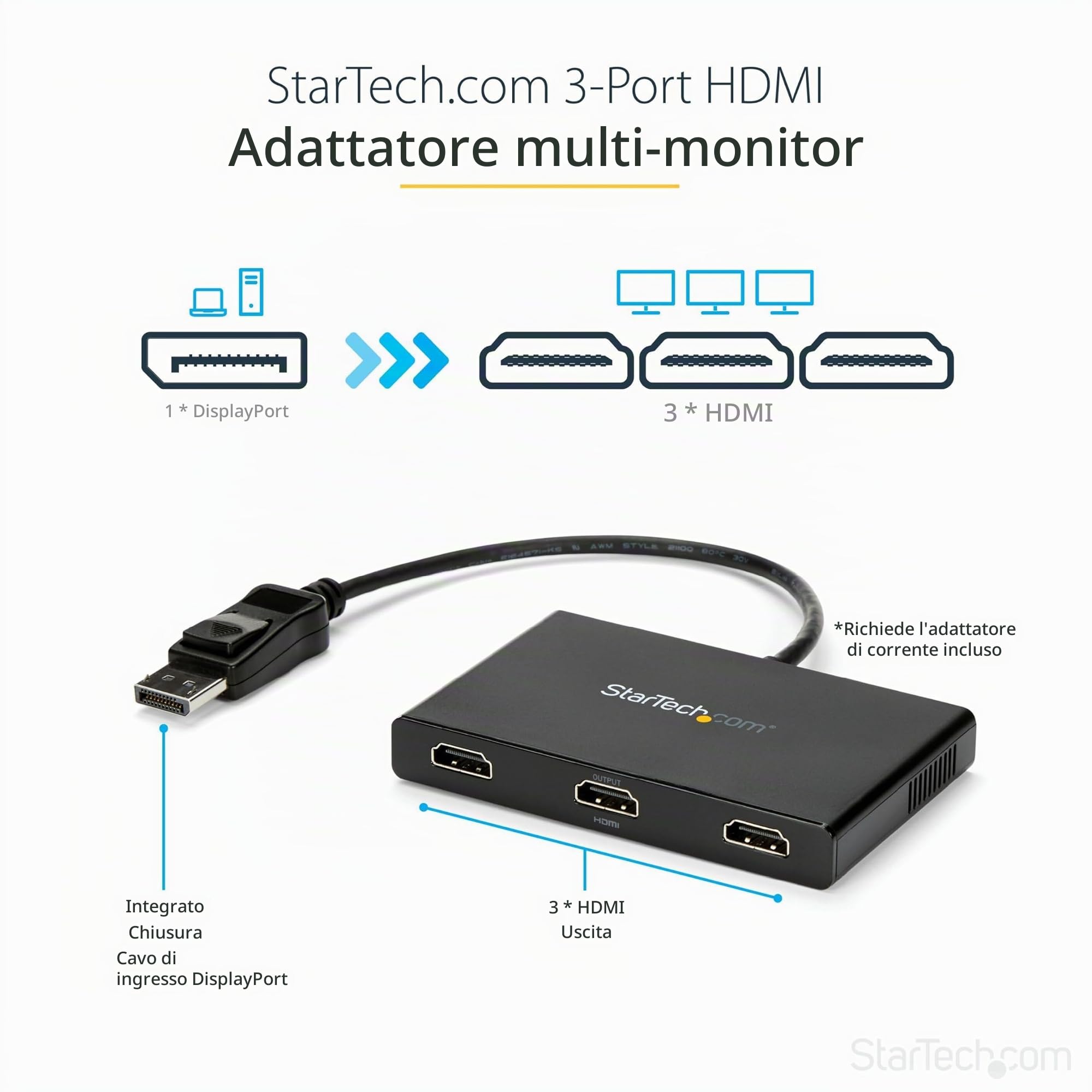 StarTech Hub MST DisplayPort 1.2 a 3x HDMI, 3x 1080p o Doppio 4K 30Hz | Modalita Desktop Esteso, Solo Windows