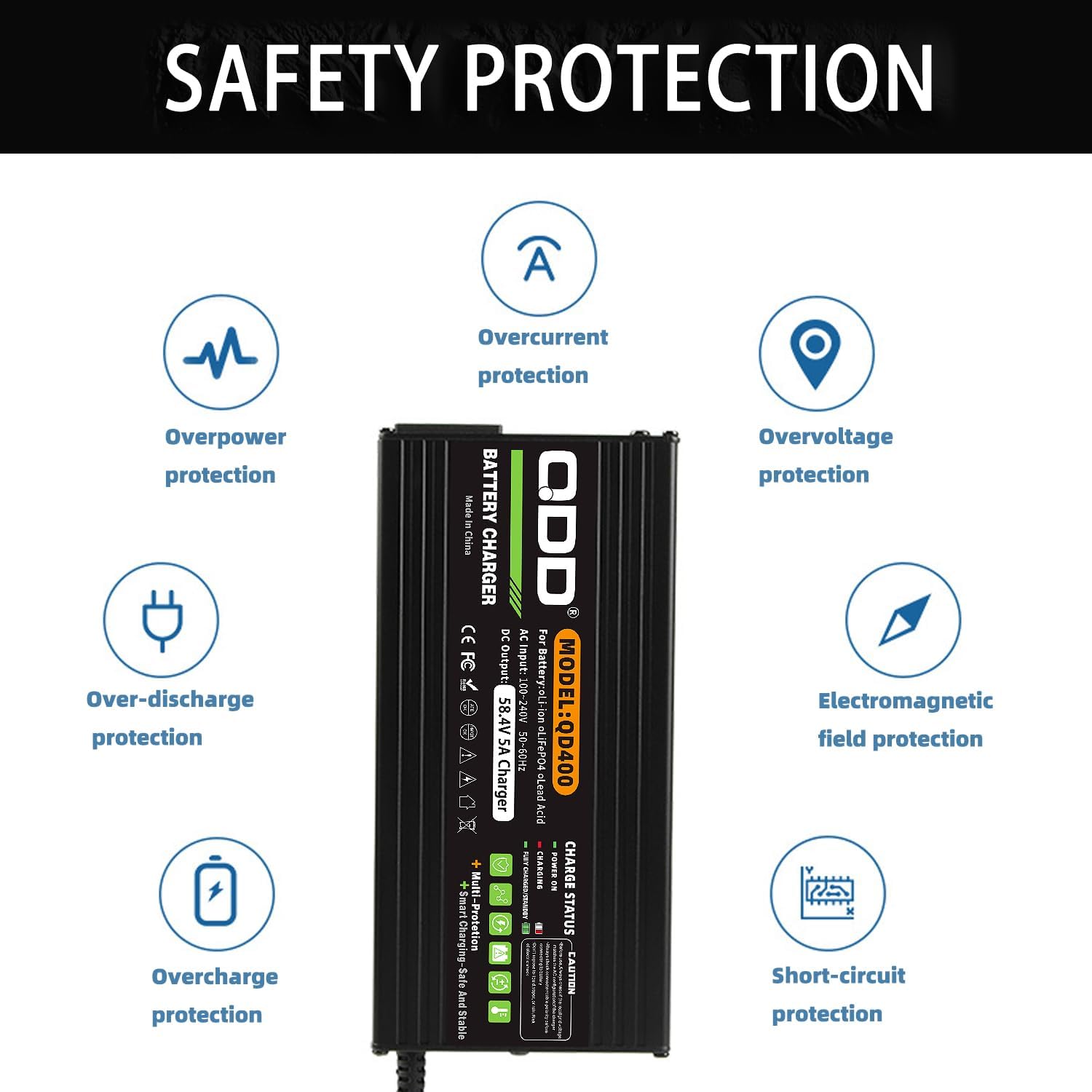 QDD 58.4V 5A LiFePO4 Battery Charger for 16S 48V(51.2V) Lithium Iron Phosphate Battery, Trickle Charger, Battery Maintainer, Smart Charger
