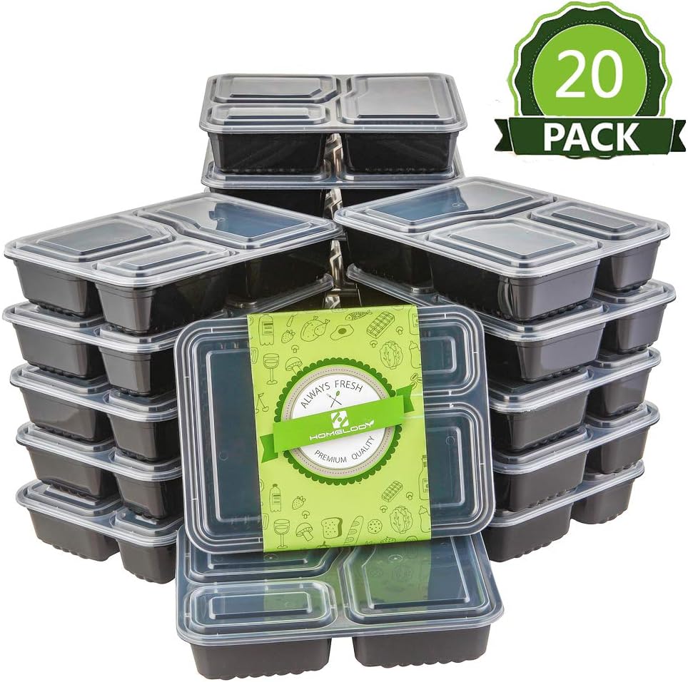 HOMELODY 3 Compartment Meal Prep Containers, 20 Pack BPA Free Reusable Food Storage Lunch Box, Microwaveable, Dishwasher and Freezer Safe Food Containers Bento Box with Lids (34 oz)