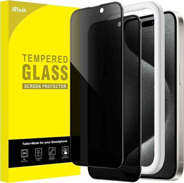 JETech Prywatność Pełny Pokrycie Ochraniacz Ekranu dla iPhone 15 Pro 6,1 Cala, Szkło Hartowane Anty-Szpiegowskie Screen Protector, Film Ochronny z Prostym Narzędziem do Instalacji, 2 Sztuki