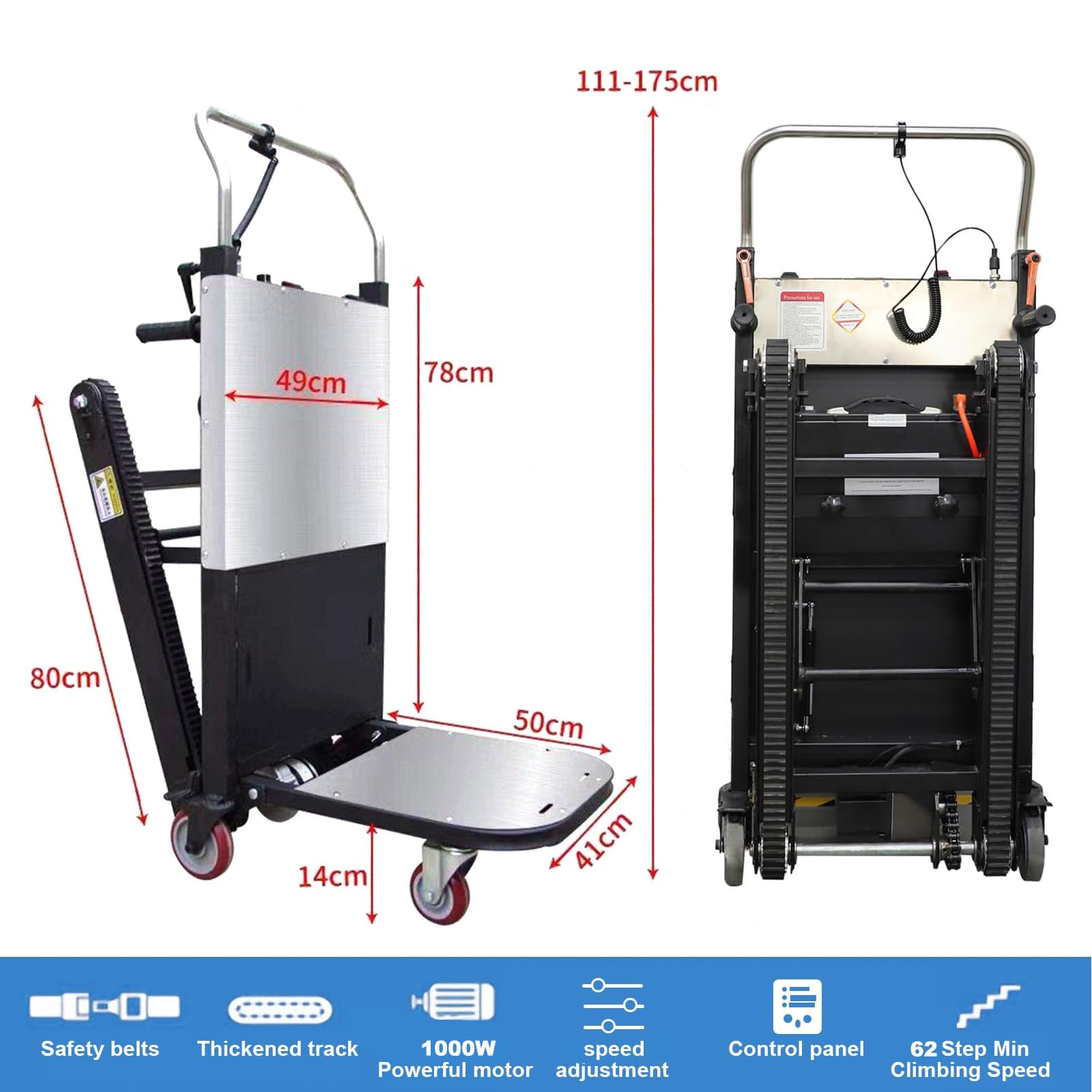 Carrello Elettrico Saliscale Potenziato Da 1000W - 3 Velocità Regolabili + Carico Massimo 500Kg + Maniglia Allungabile, Carrello Saliscale Pieghevole Con Cingoli in Gomma per Scale Facili Su/Giù(A)