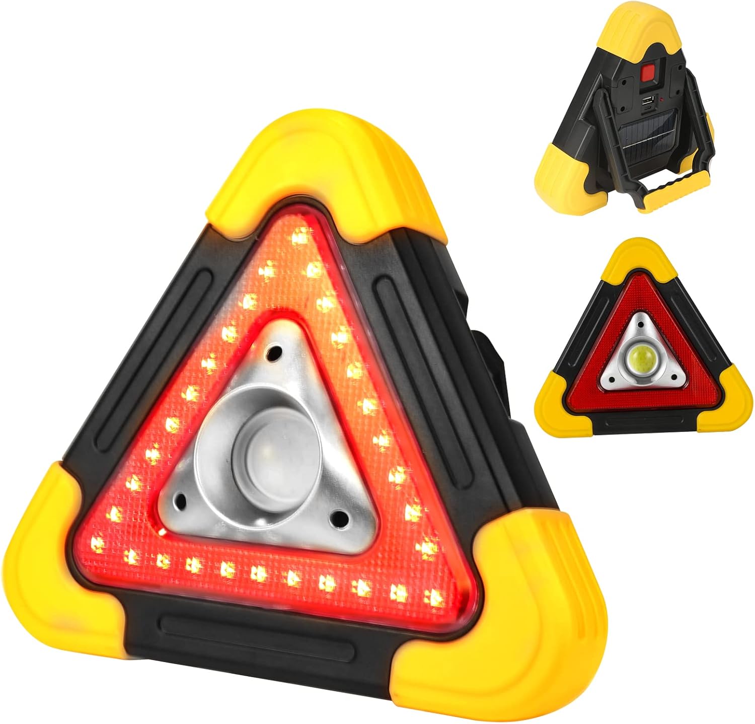 iforecjw Versatile and Durable LED Car Emergency Triangle with Four Modes, USB and Solar Charging, and Multiple Safety Features - Suitable for Camping, Travel, and Outdoor Adventures Red