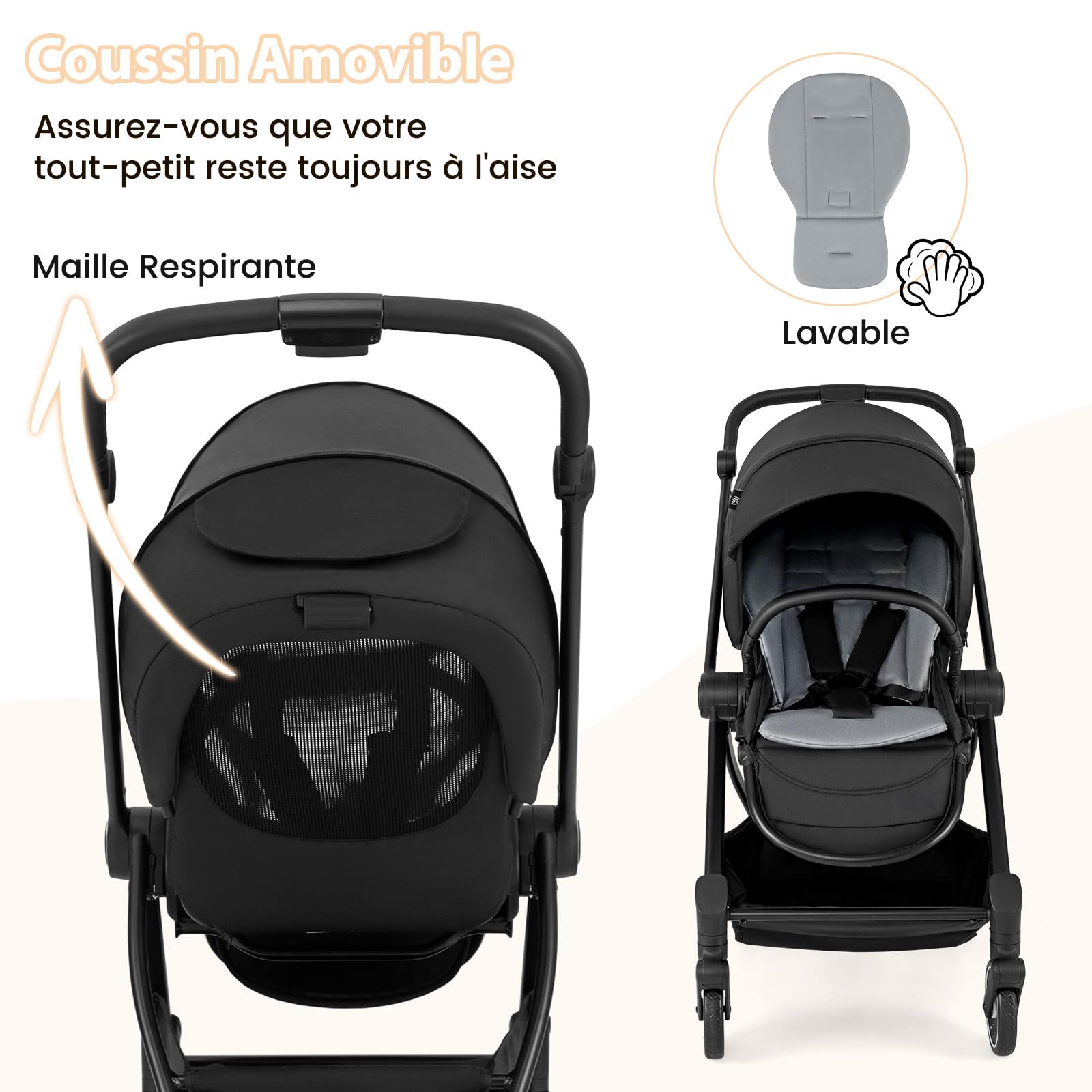 COSTWAY Poussette Canne Bébé 0-3 Ans(Charge 15 kg) avec Siège Réversible & Dossier Inclinable, Poussette Compacte et Légère Pliable avec Auvent Réglable & Panier Inférieur, Harnais à 5 Points (Noir)