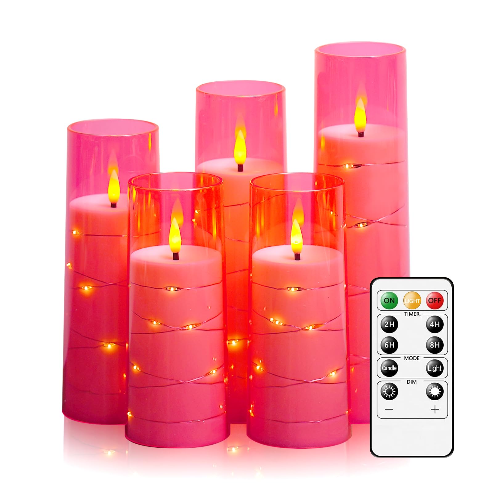 Flameless LED Candles with Timer 5 Pc Flickering Flameless Candles for Romantic Ambiance and Home Decoration Stable Acrylic Shell,with Embedded Star String，Battery Operated Candles(Pink)