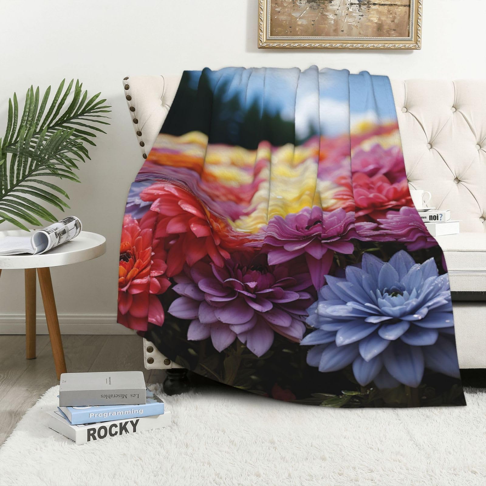 Couverture polaire flanelle contre le froid plaid léger chaud fleur arc-en-ciel