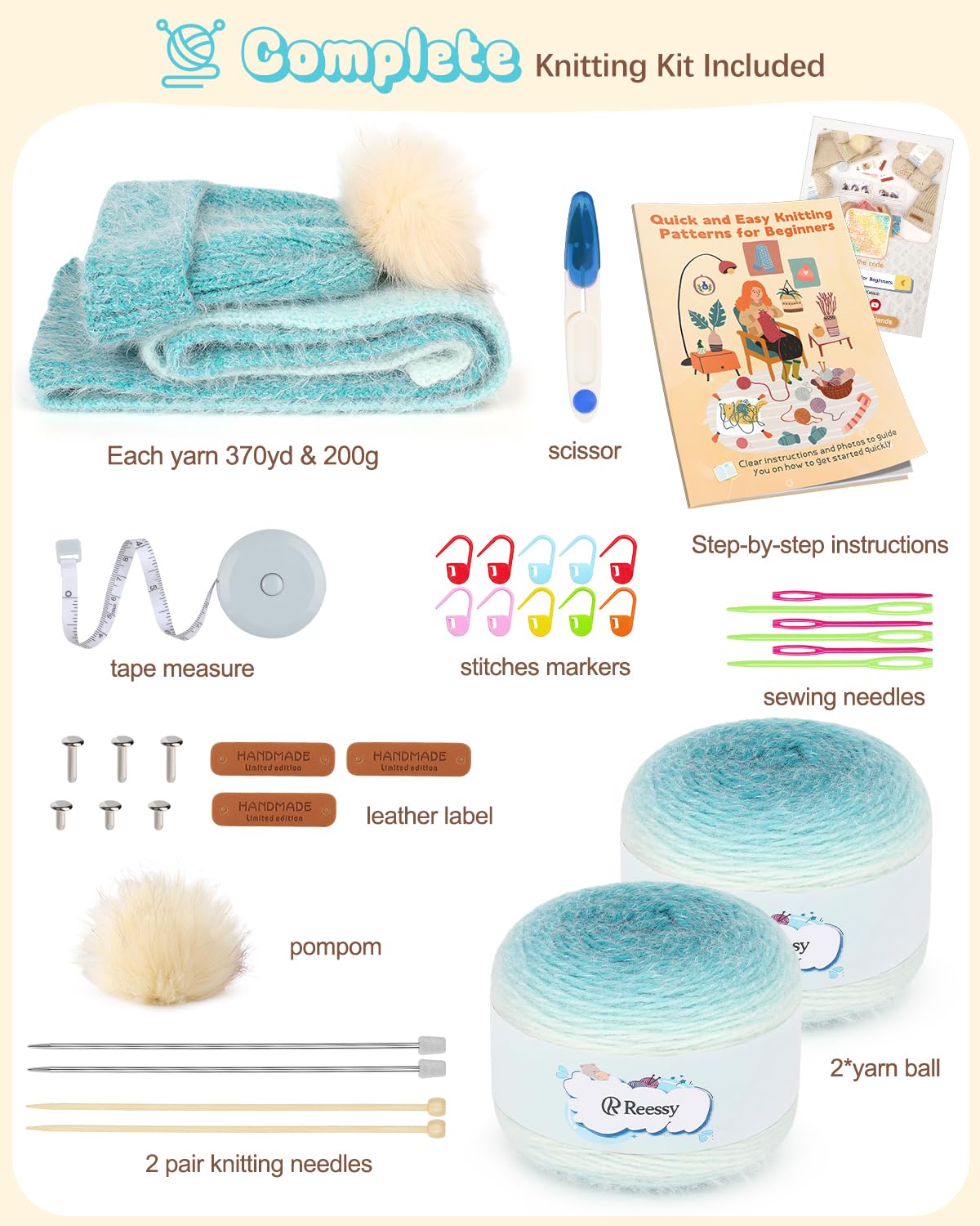 Reessy Strickset, Strickset für Anfänger und Erwachsene, mit Schritt-für-Schritt-Video-Tutorials, Stricknadeln, Garn, Zubehör, 3-in-1-Stricksets für Erwachsene, warme Mütze, Schal, Handschuhe
