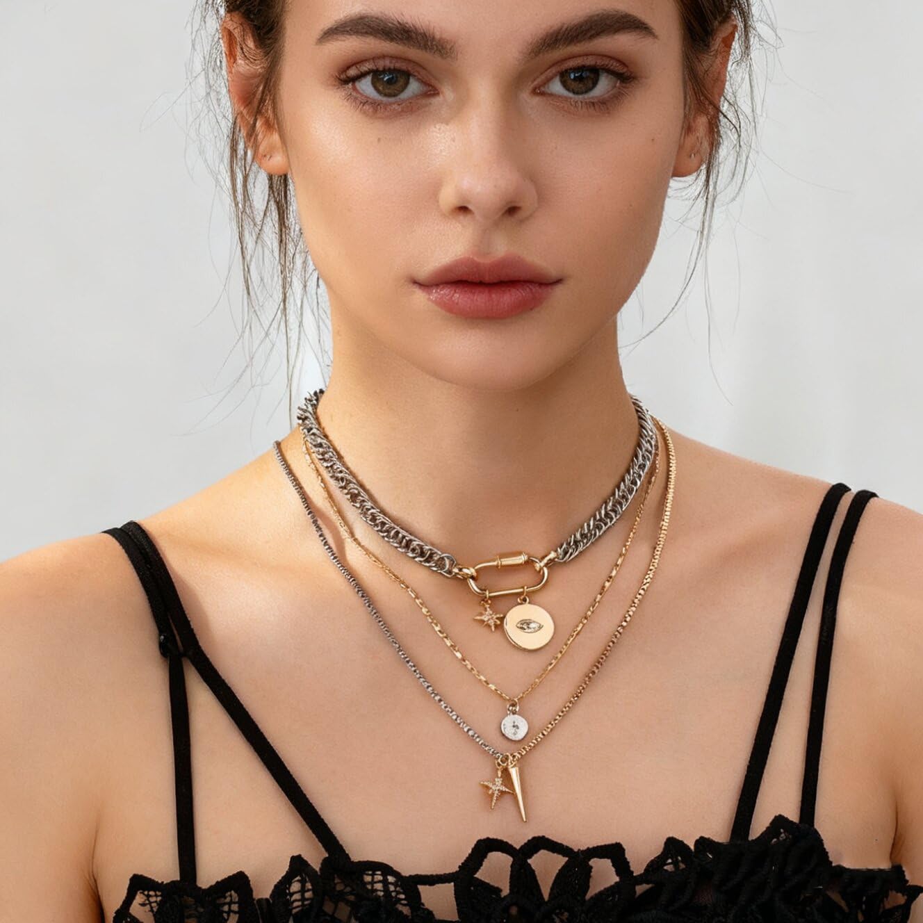 Layered Necklaces For Women,3PCS Chunky Mixed Metal Necklace Two Tone Gold and Silver Plated Necklace Stack Multi Layered Coin Pendant Paperclip Chain Necklaces Trendy Statement Jewelry - Image 2