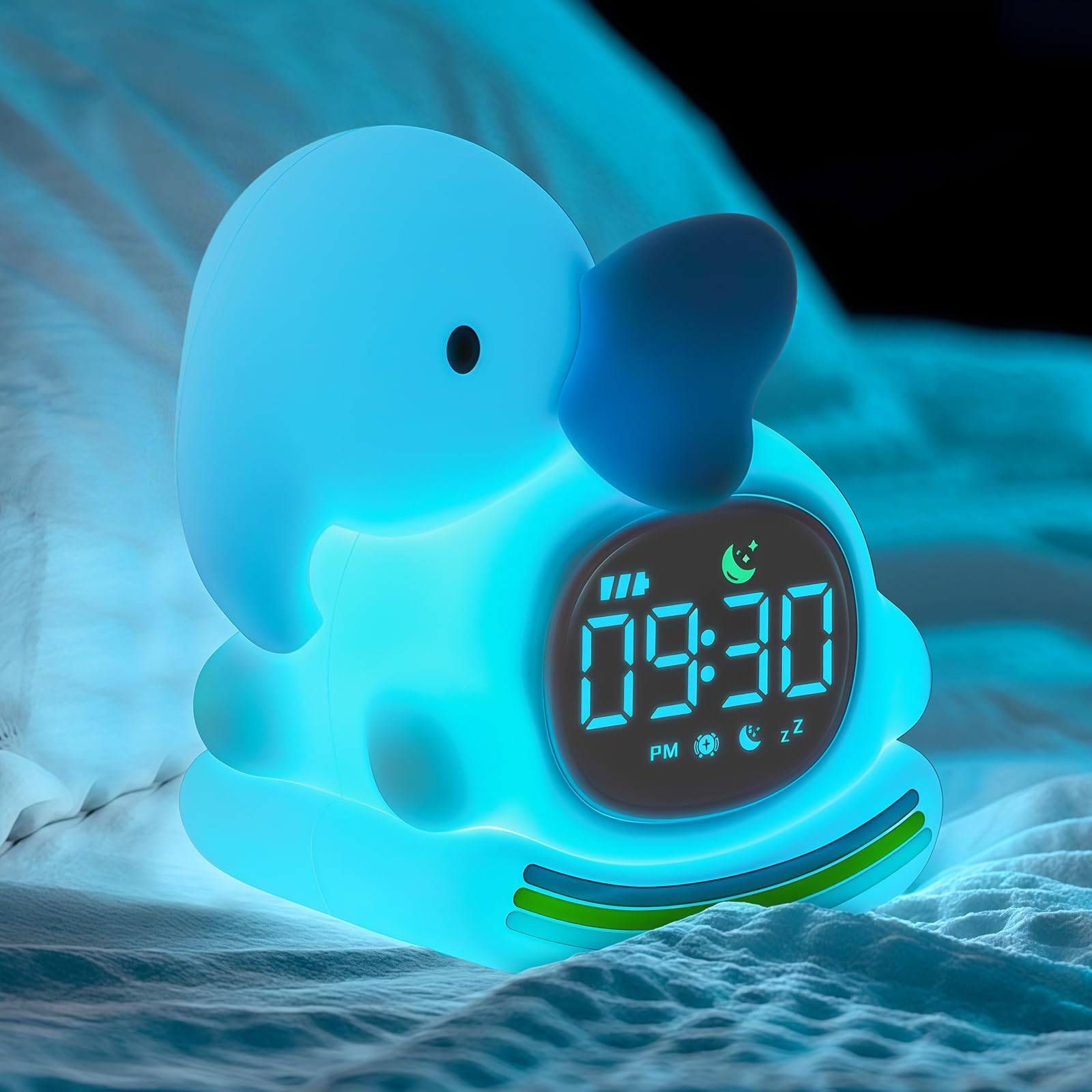 Alarm Clock with Night Light for Kids, Sleep Training Clock with Sound Machine, Rechargeable Silicone OK to Wake ClockCute Animal Tabletop Lamp, Perfect Sleep Companion for Boys Girls, Blue Elephant
