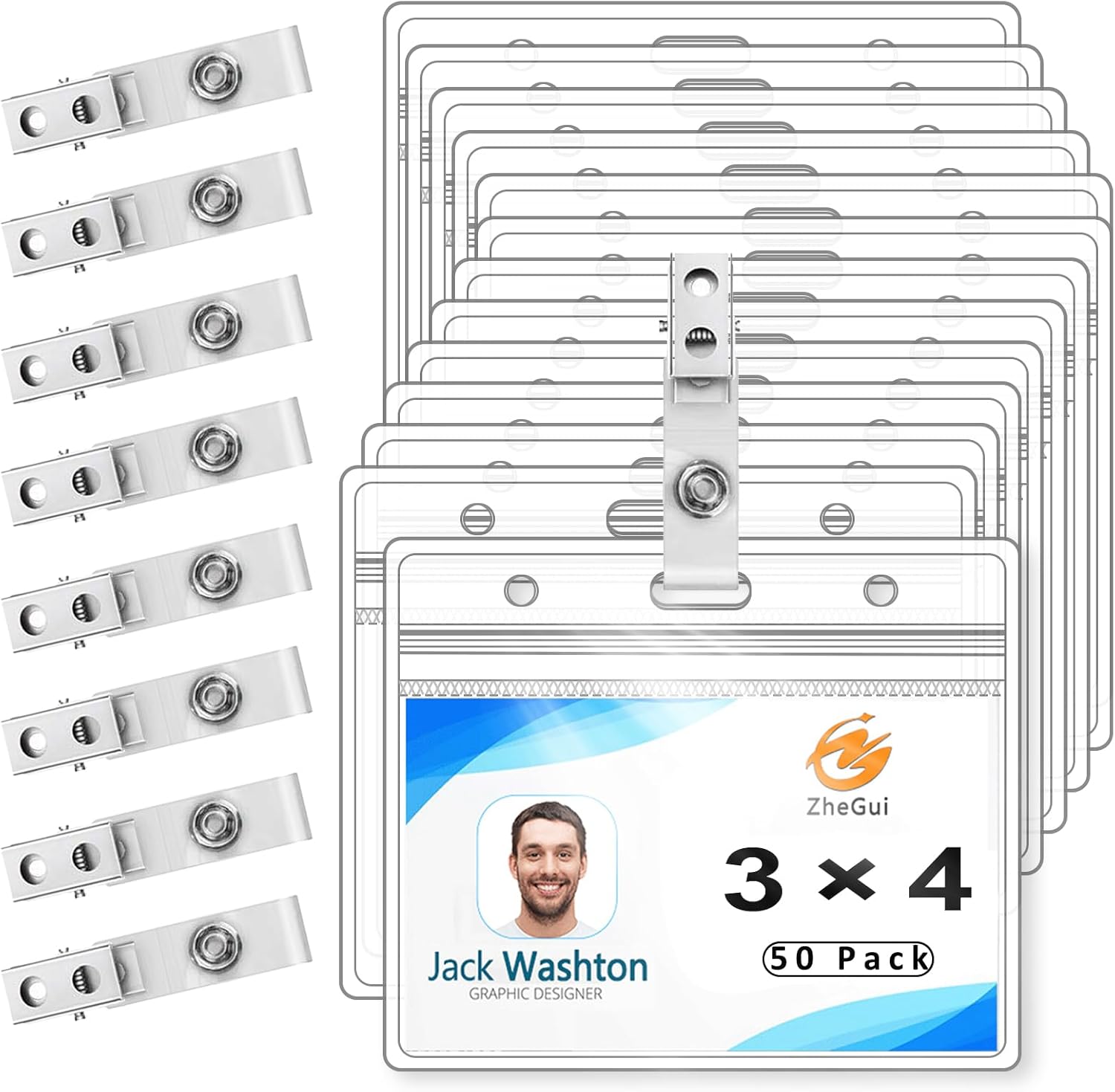 100 Pack Horizontal ID Badge Holder with Clip, Universal Waterproof PVC Transparent Name Tag Holder with Sealed Zipper(2.3 × 3.6 inch)