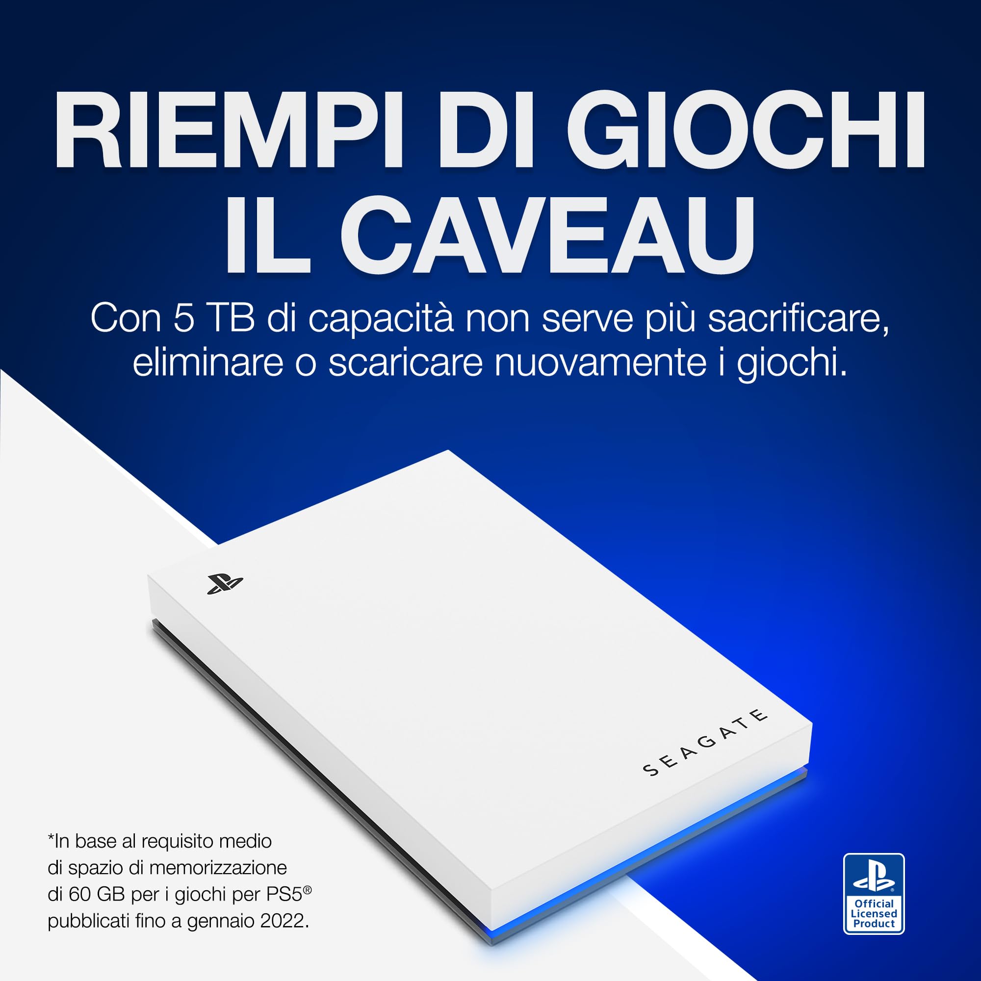 Seagate Game Drive for PS5, 5 TB, Unità SSD esterna, 2.5", USB 3.0, licenza ufficiale, LED blu (STLV5000200)