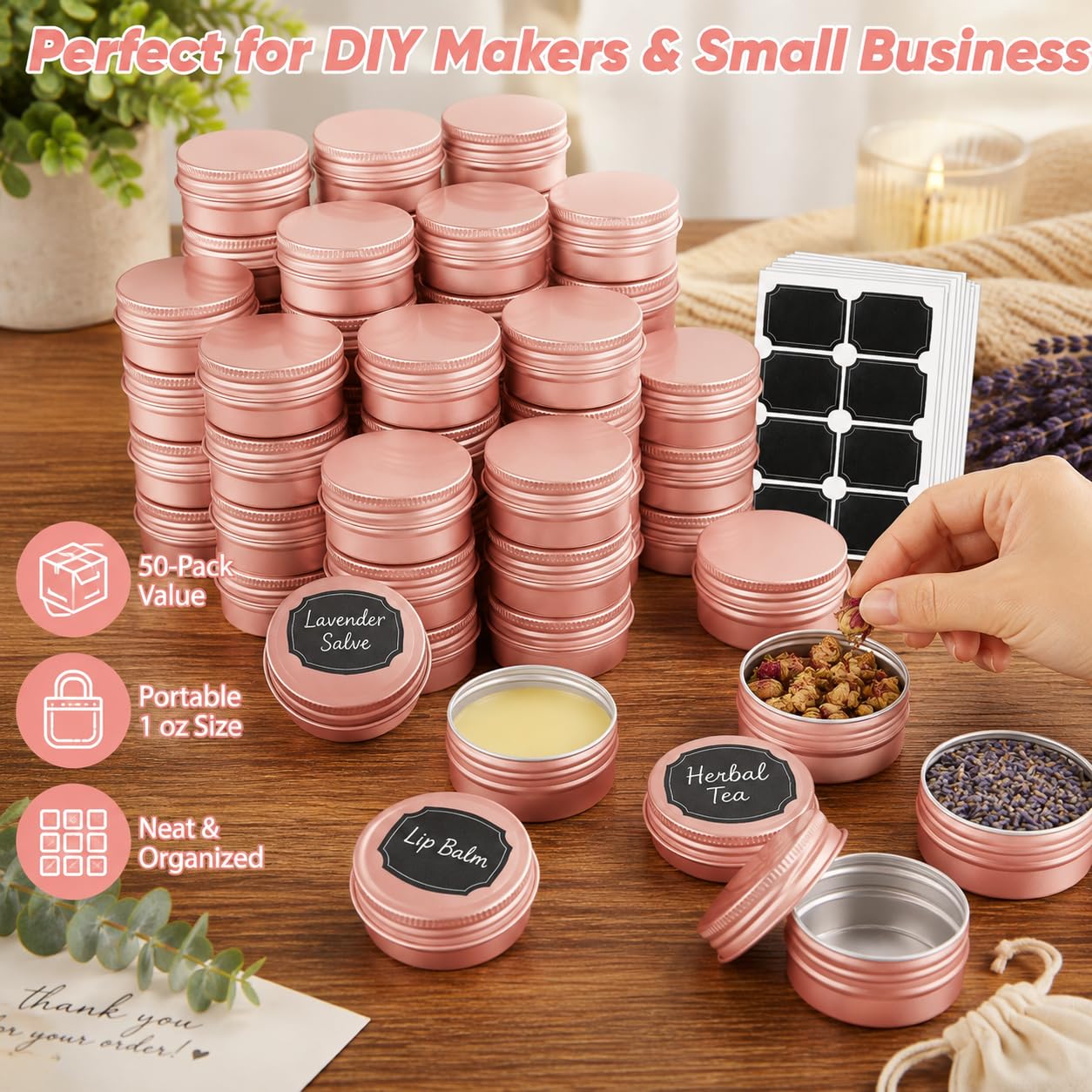 DAJAVE Lot de 50 petites boîtes en aluminium avec couvercles pour baume à lèvres, crèmes, bougies et loisirs créatifs Doré rose 28,3 g