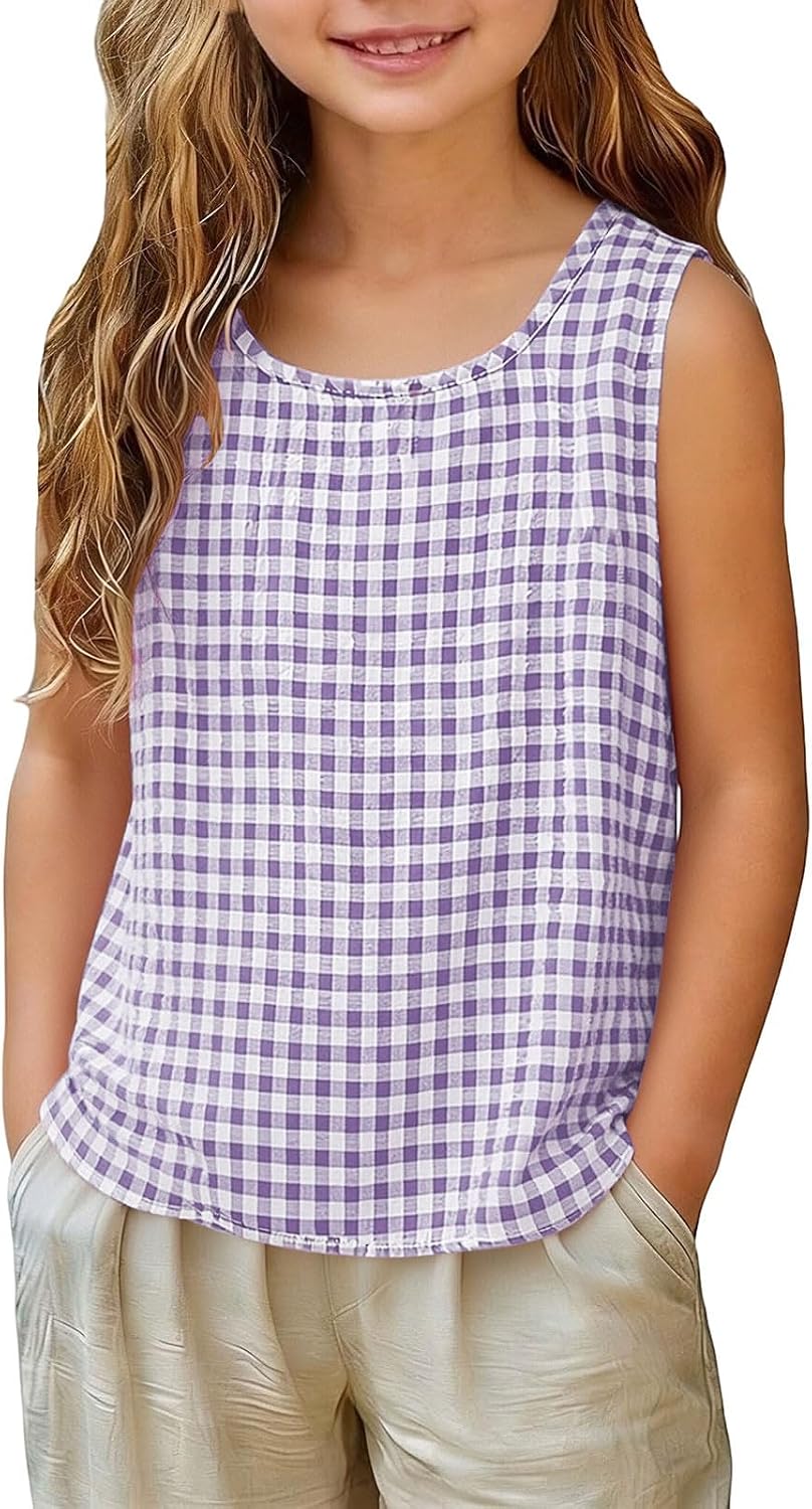 Girls' Top Sleeveless Crew Neck Loose Fit Breathable | Lightweight Casual Gingham Plaid Tank Vest Tops Kids