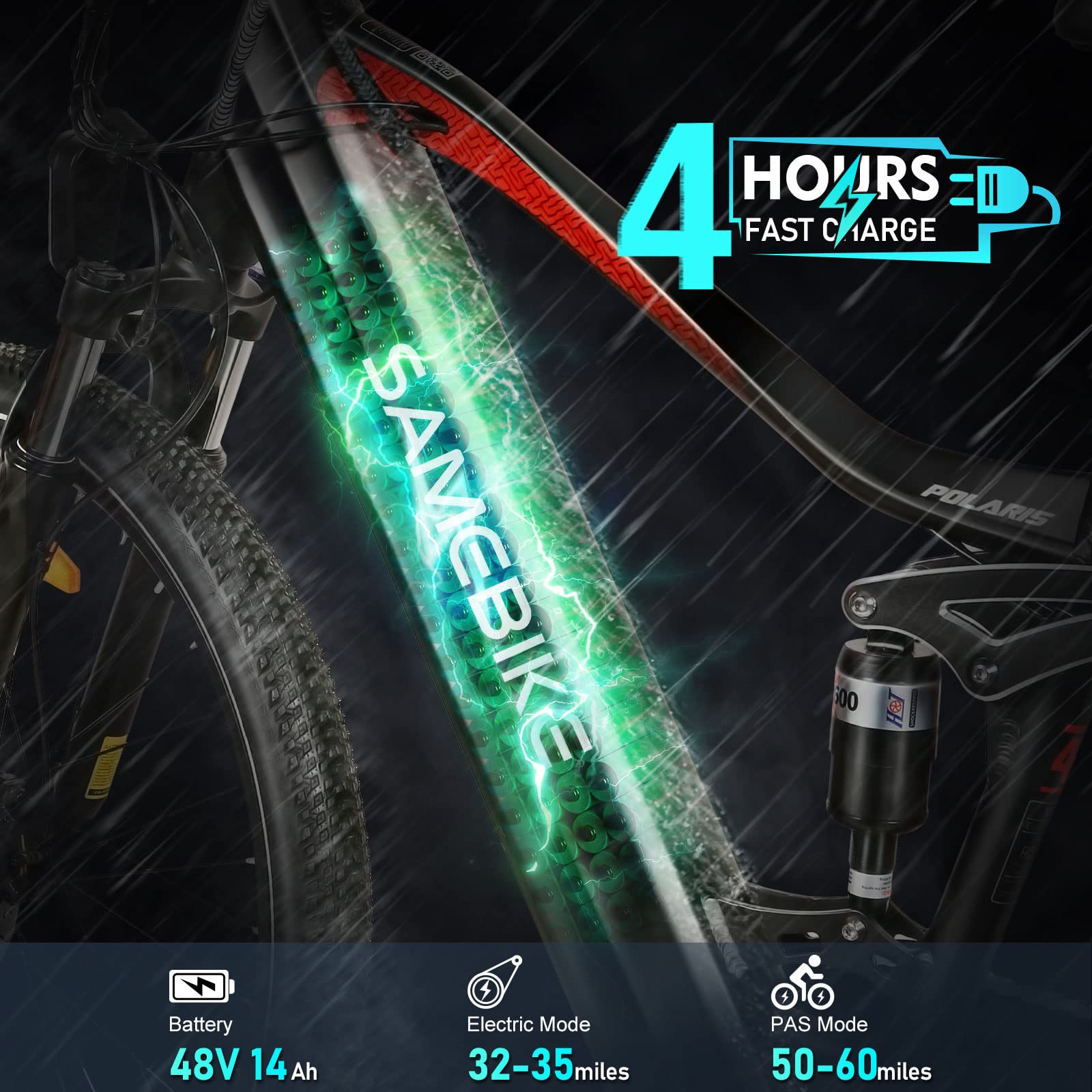 SAMEBIKE XD26-Ⅱ Bicicleta Eléctrica 26 Pulgadas 250W Motor 25km/h Electric Mountain Bike 100km autonomía Bicicleta montaña Adulto 48V 14AH Batería IP54 Impermeable eBike para Commuting