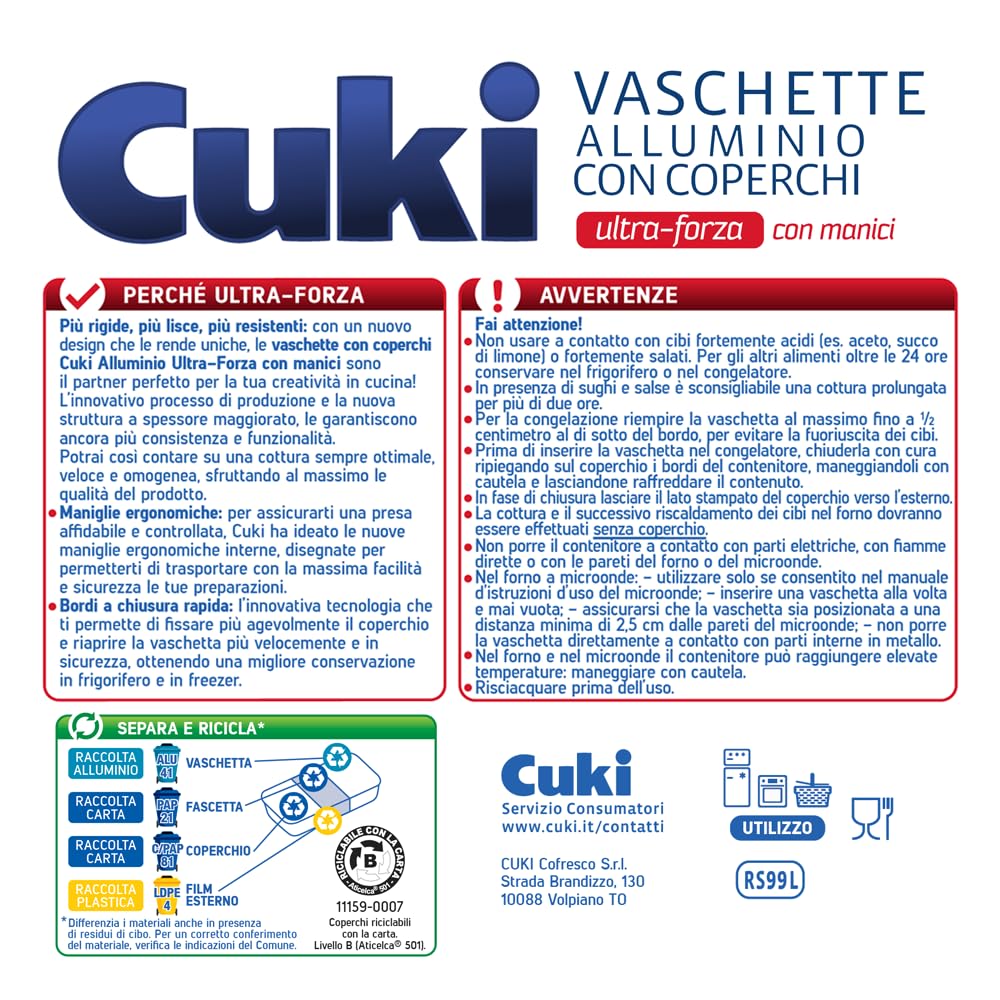 Cuki Vaschette Alluminio Con Coperchi - Ultra Forza - Con Manici - 6 Porzioni - Rettangolari [Rs99L] - 12 Confezioni Da 2 Pezzi