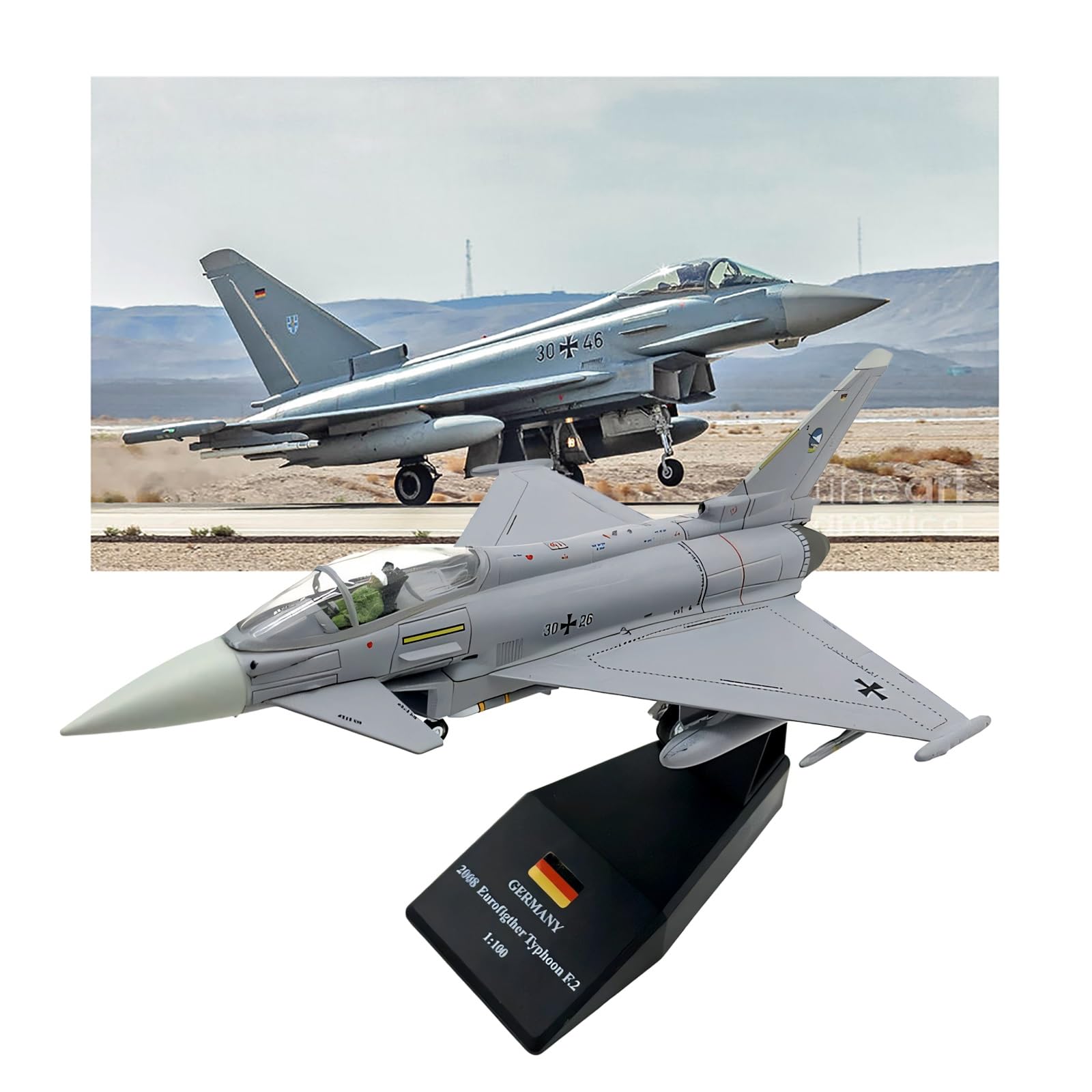 Model samolotu odlewanego ciśnieniowo niemiecki symulowany stop metalu Eurofighter Typhoon EF2000 skala 1/100 z ekspozytorem, akcesoria kolekcjonerskie, pamiątka do dekoracji