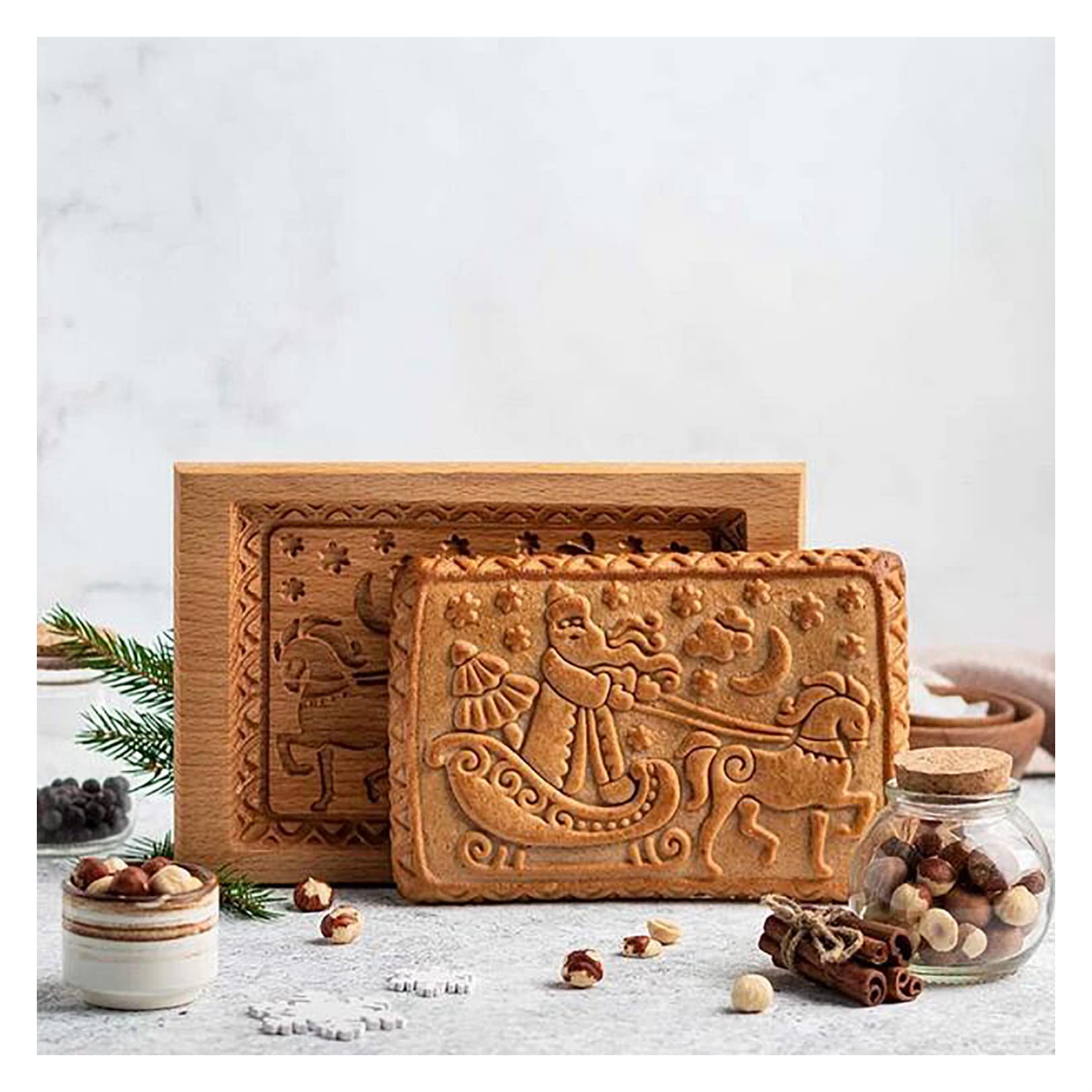 Christmas Cookie Cutter Mold Wooden Embossing Cookie Molds for Baking Funny Santa Carved Cookie Cutter Cookie Press 3D Baking Mold Suitable for kitchen DIY (Brown-Biscuit mold)