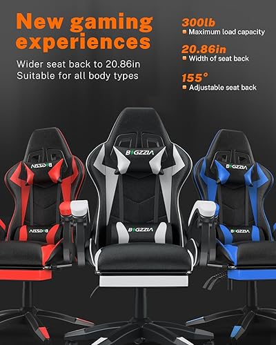 Miniatura 7 de Bigzzia Silla de juegos con reposapiés, sillas ergonómicas para juegos de computadora, reposacabezas y soporte lumbar, altura ajustable, reclinable,