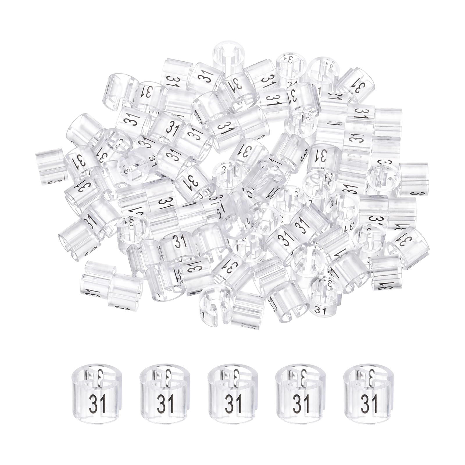 MECCANIXITY Clothes Hanger Marker Colored Hanger Sizer Garment Markers Tag (Number 31, Trasnsparent) for Garment Clothing Color Coding, Pack of 100