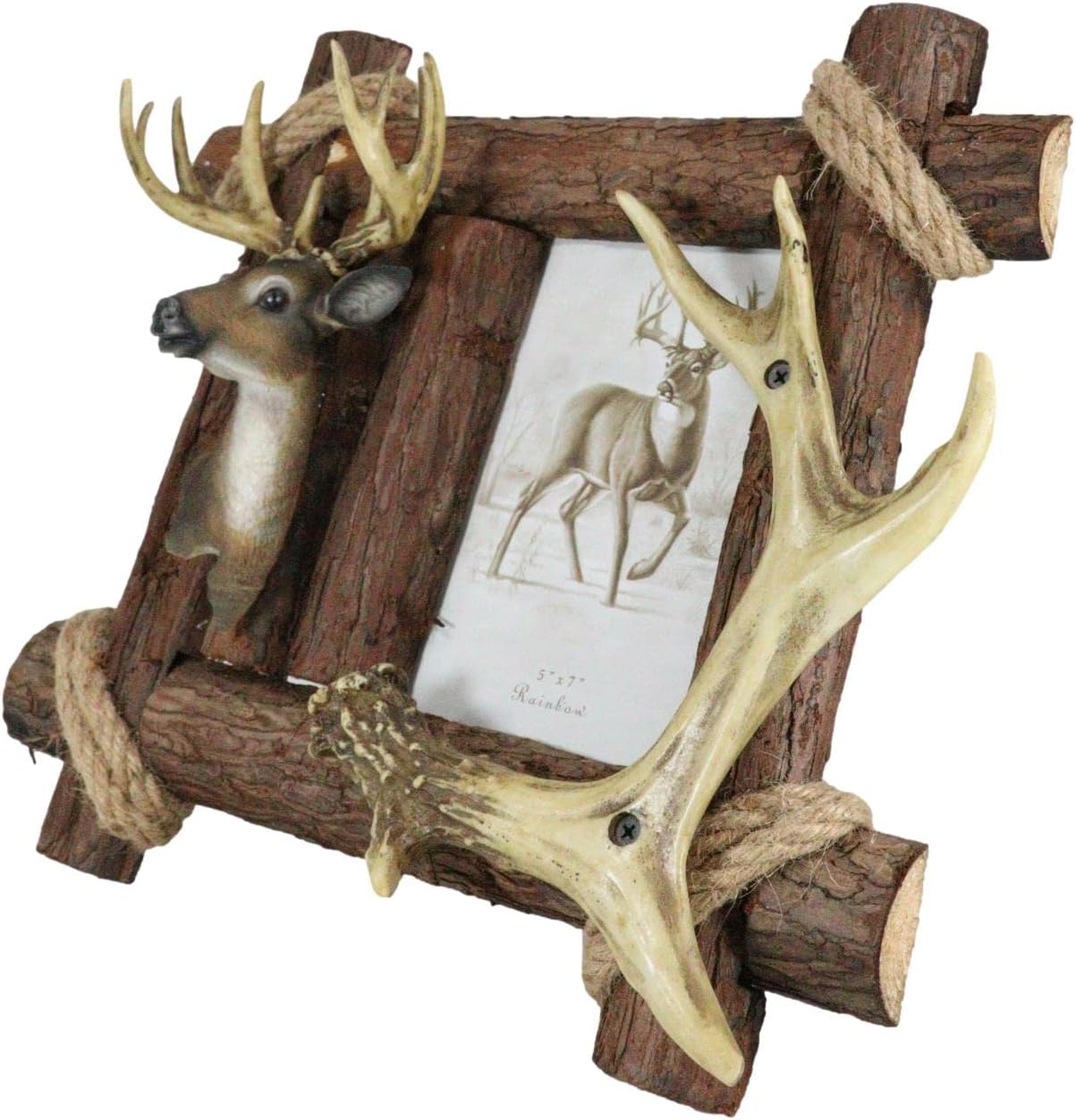 Ebros Rustic Buckhorn Stag Deer Trophy Bust And Antlers With Wooden Log Borders Picture Frame Easel Back Or Wall Hanger 5"X7" Photo Hunters Deers Antler Racks Cabin Lodge Cottage Home Accent