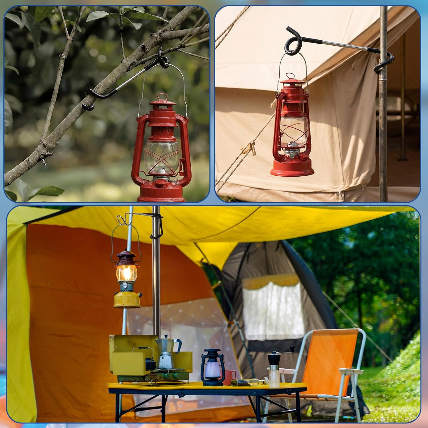 Frienda 6-piece Camping lamp Hook, Stainless Steel Anti-Slip Tent lamp Post Hook, Portable Water Bottle Stand, Suitable for Camping, Hunting, Fishing and Hiking