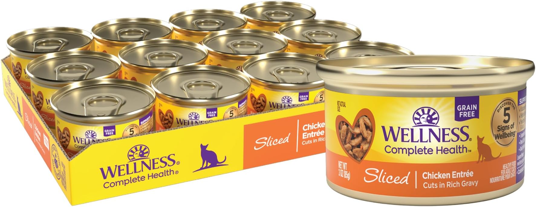 Wellness Complete Health Sliced Adult Canned Wet Cat Food, Natural, Protein Rich, Grain Free, Chicken Entrée Recipe, 3 oz, Pack of 24 Cans