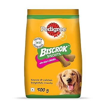 Pedigree Biscrok Biscuit Treats for Dogs (Above 4 Months), Milk & Chicken Flavour, 500g Pack