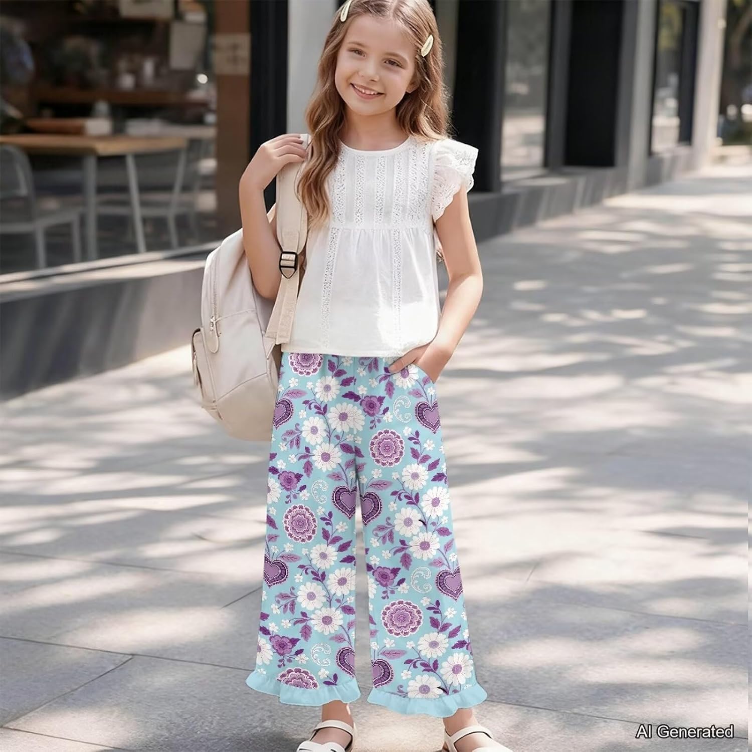 Wanyint Girls' Ruffled Wide Leg Trousers Open Bottom Flowy Long Trousers Summer Pants Spring Outfit Sweatpant for 5-14 Y