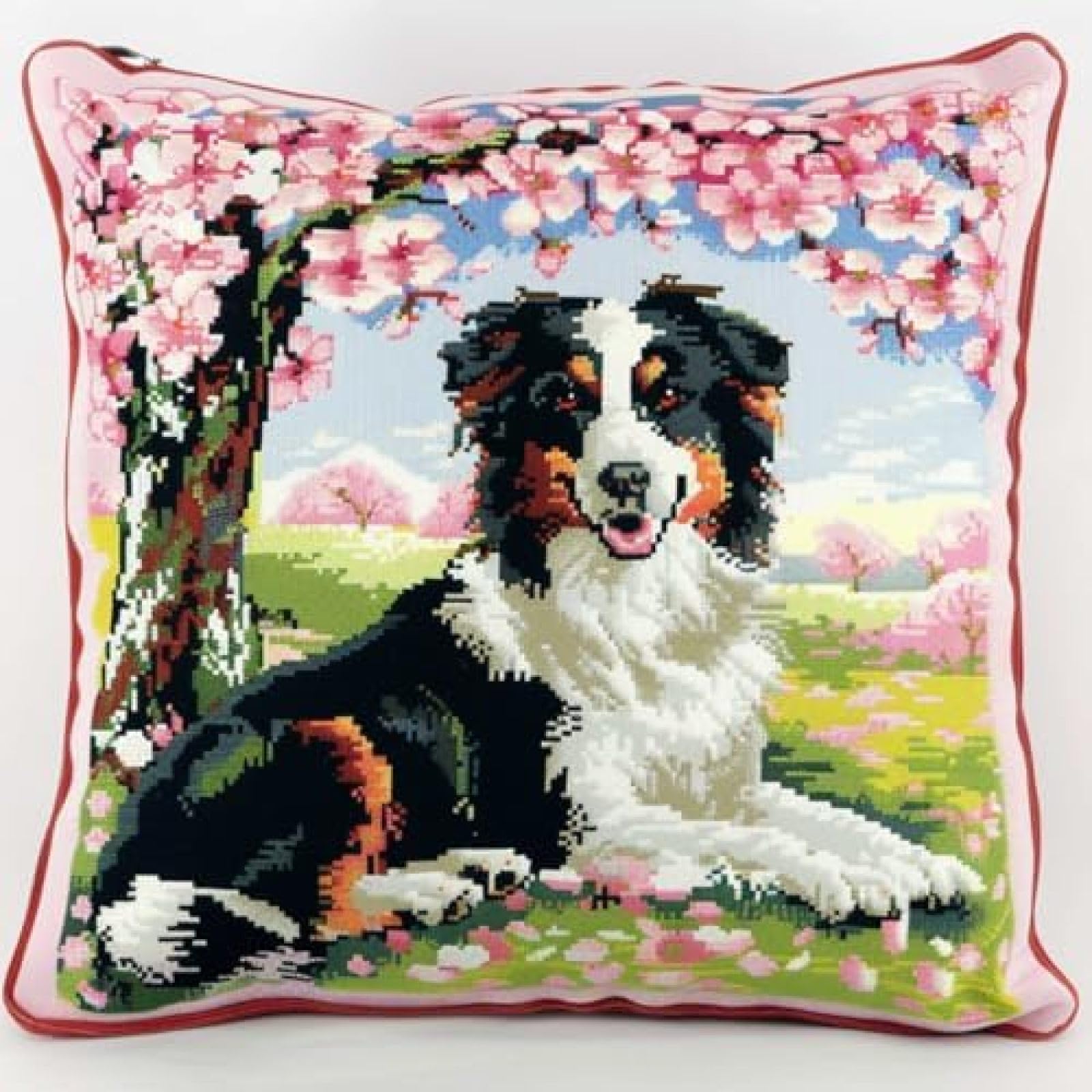 DIY Latch Hook Kits For Adults Border Collie Animal Latch Hook Kit Cushion Dog And Pink Blossom Tree DIY Hook Latch Kit Pillowcase Rug Printed Cushion Crochet Yarn Embroidery Decoration Be 43x43cm
