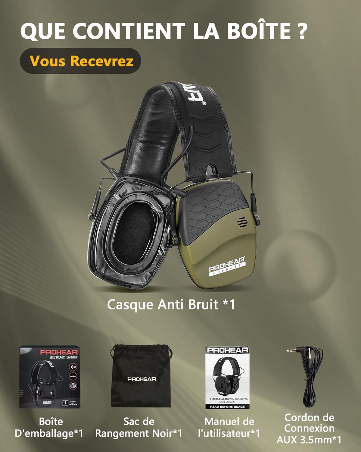Contents of the PROHEAR earmuffs package.