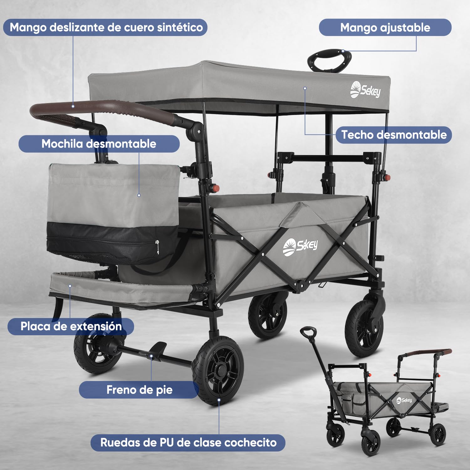 Sekey Carro Plegable Infantil con Techo para 2 Niños 100KG, Carrito de Transporte Plegable para Niños con Manija Empujadora, Ruedas de PU a Prueba de Golpes y Frenos 110L, SS5050, Gris