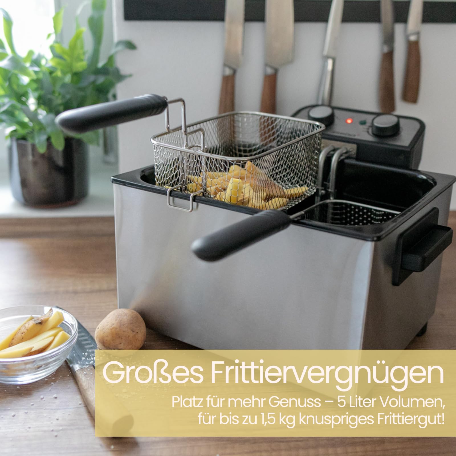 Steba Fritteuse aus Edelstahl DF 300 | 5 Liter für bis zu 1,5 kg | Fritteuse mit Fett, XXL Frittierkorb, 3 Körbe | Deep Fryer für Zuhause, Friteuse mit entnehmbarem Behälter