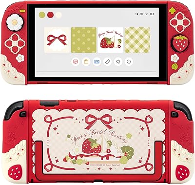 GeekShare Strawberries with Cream Case Compatible with Switch 2, Slim Separable Soft Silicone Protective Shell with 2 Thumb Grip Caps - Red