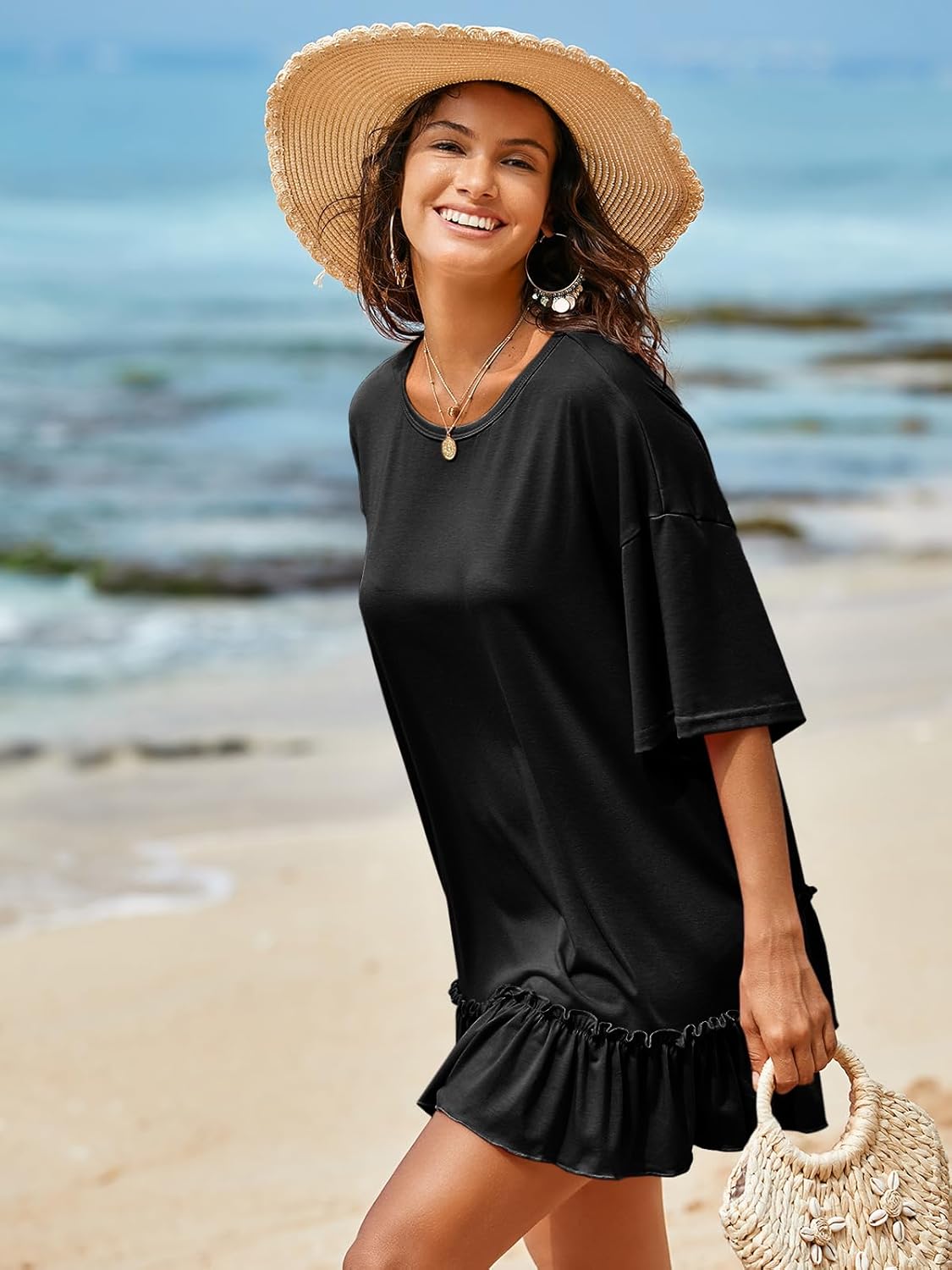 Tankaneo Womens Peplum Oversized Tshirt Summer Flowy Casual Shirt Dress Crew Neck Pleated Babydoll Beach Tunic Tops - Image 5