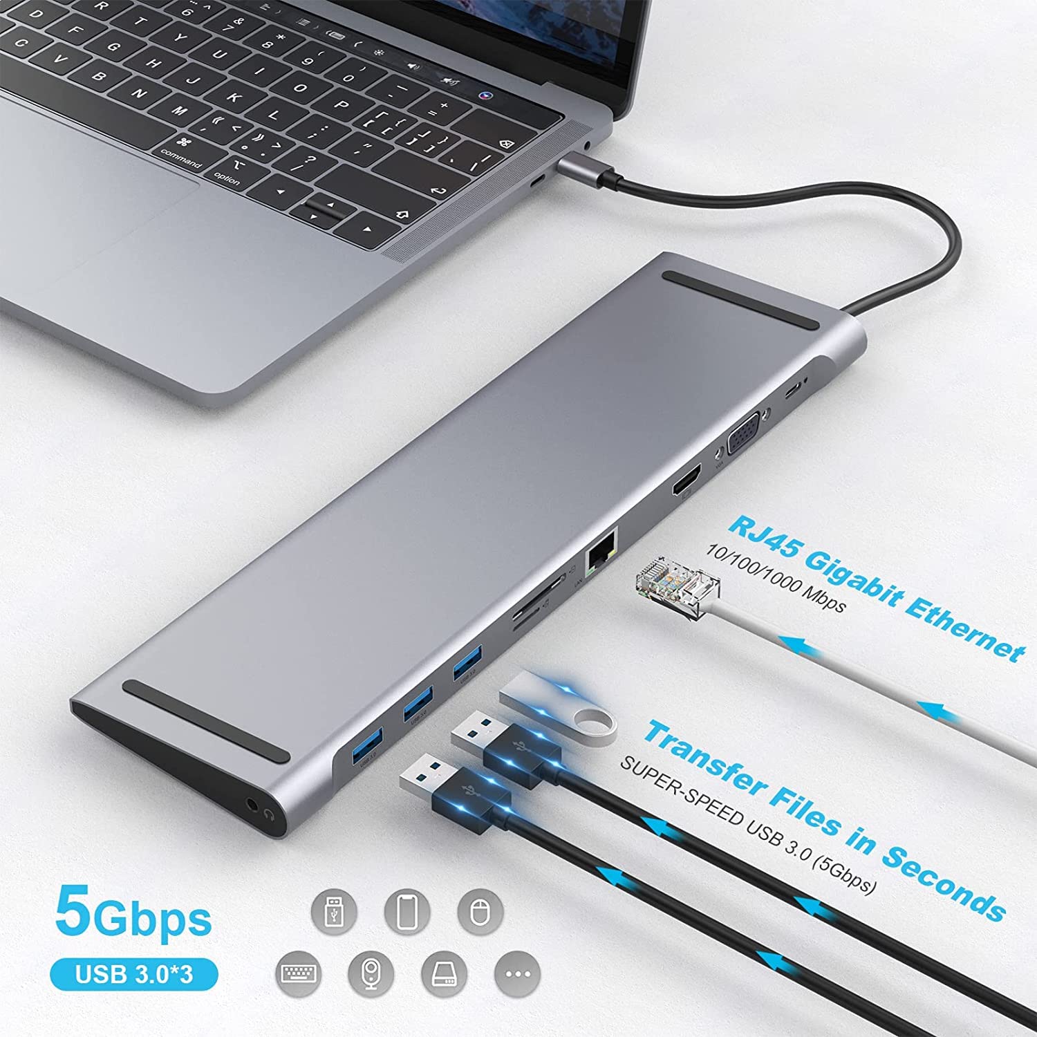 10 Puertos USB C Dock, USB C Multiport Hub Triple Display Laptop Hub Stand, Adaptador USB C para MacBook y Windows (4K HDMI, VGA, PD 100W, Ethernet, Ranura para Tarjeta SD/TF, Audio de 3,5 mm, 3