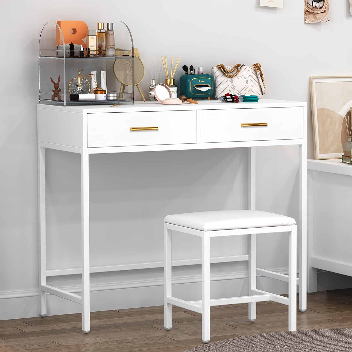 Simple Vanity Desk, White Vanity Table Set with 2 Large Drawers and Stool, Modern Makeup Vanity for Women and Girls, 90x40x78 cm, White