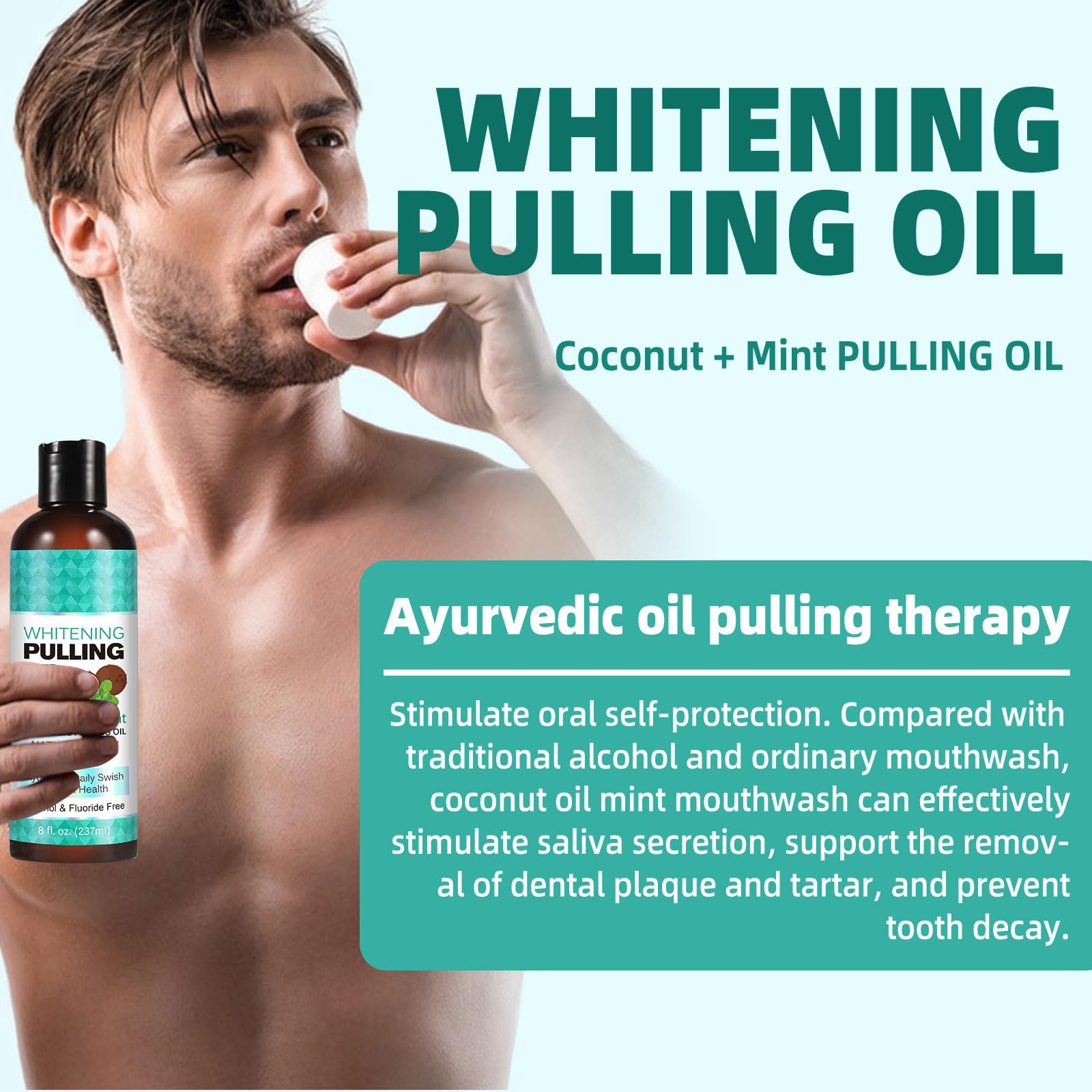 Huile de noix de coco (8 Fl.Oz), rince-bouche à l'huile de menthe avec grattoir à langue - naturelle et sans alcool pour les dents pour aider à une haleine fraîche, au blanchiment des dents