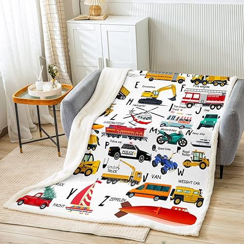 Manta de sherpa para niños con diseño de excavadora, para sofá, cama, sofá, camión de bomberos, policía, auto, niños, helicóptero, motocicleta,
