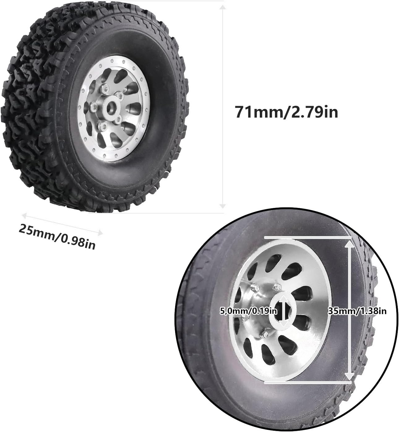 4PCS Unassembled 2.75" Rubber Tires with Metal Lock Rings for 1/12 MN82 LC79 MN78 D90 D91 D96 99S 1/16 WPL C14 C24 C34 C44 RC Cars(Argent)