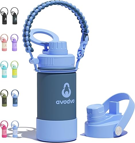 Miniatura 30 de Botella de agua aislada avodvo de 12 onzas con 2 tapas (tapa con popote y boquilla de 2 en 1, tapa magnética), botella de agua para niños con Azul