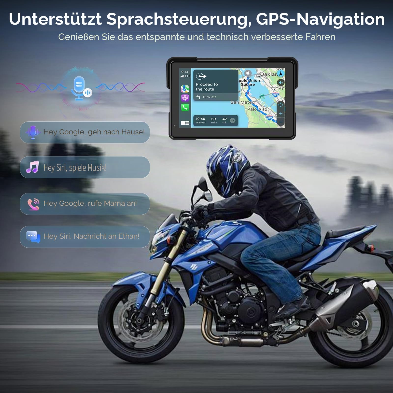 7" Motorrad CarPlay Display, Kabelloses CarPlay & Android Auto, IPX67, GPS | Kompatibel mit TPMS, Apple CarPlay & Android Auto, Dual Bluetooth, Sprachsteuerung, GPS
