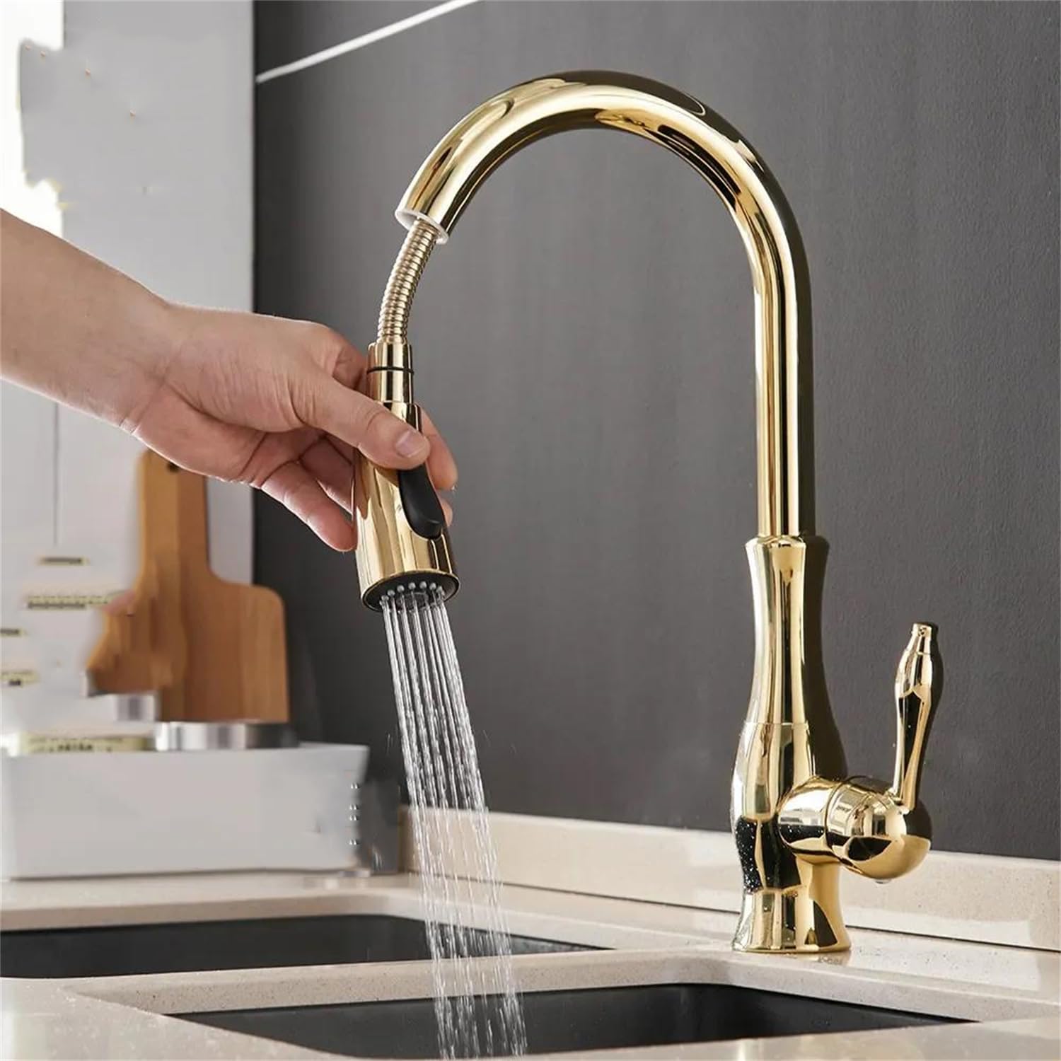 Grifo de Cocina extraíble Monomando Dorado y Plateado con caño Giratorio y Acabado Cepillado.