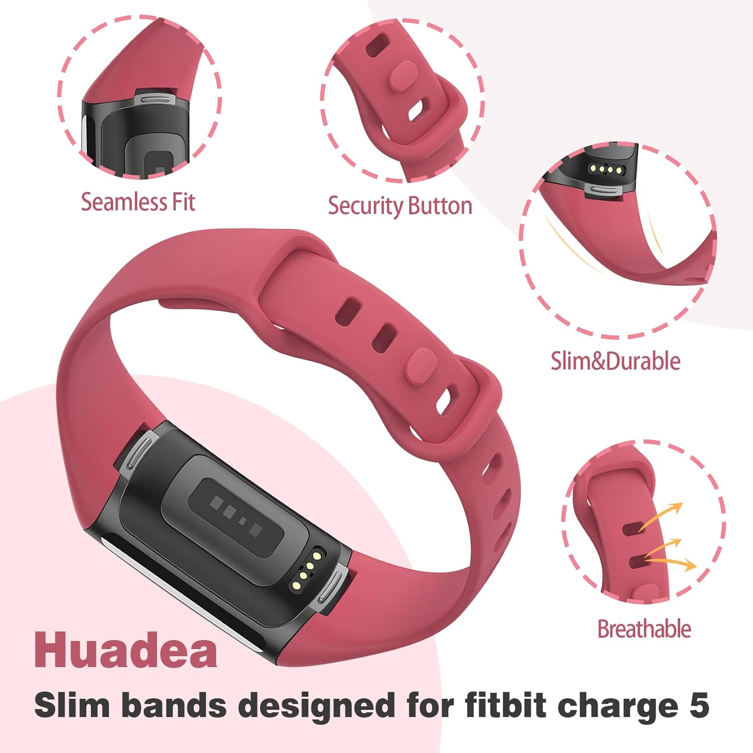 Huadea Slim Compatible with Fitbit Charge 5 Bands for Women Men, Narrow Sports Strap Soft Silicone Waterproof Wristband Replacement for Fitbit Charge 5 Band (10 Color) : Electronics