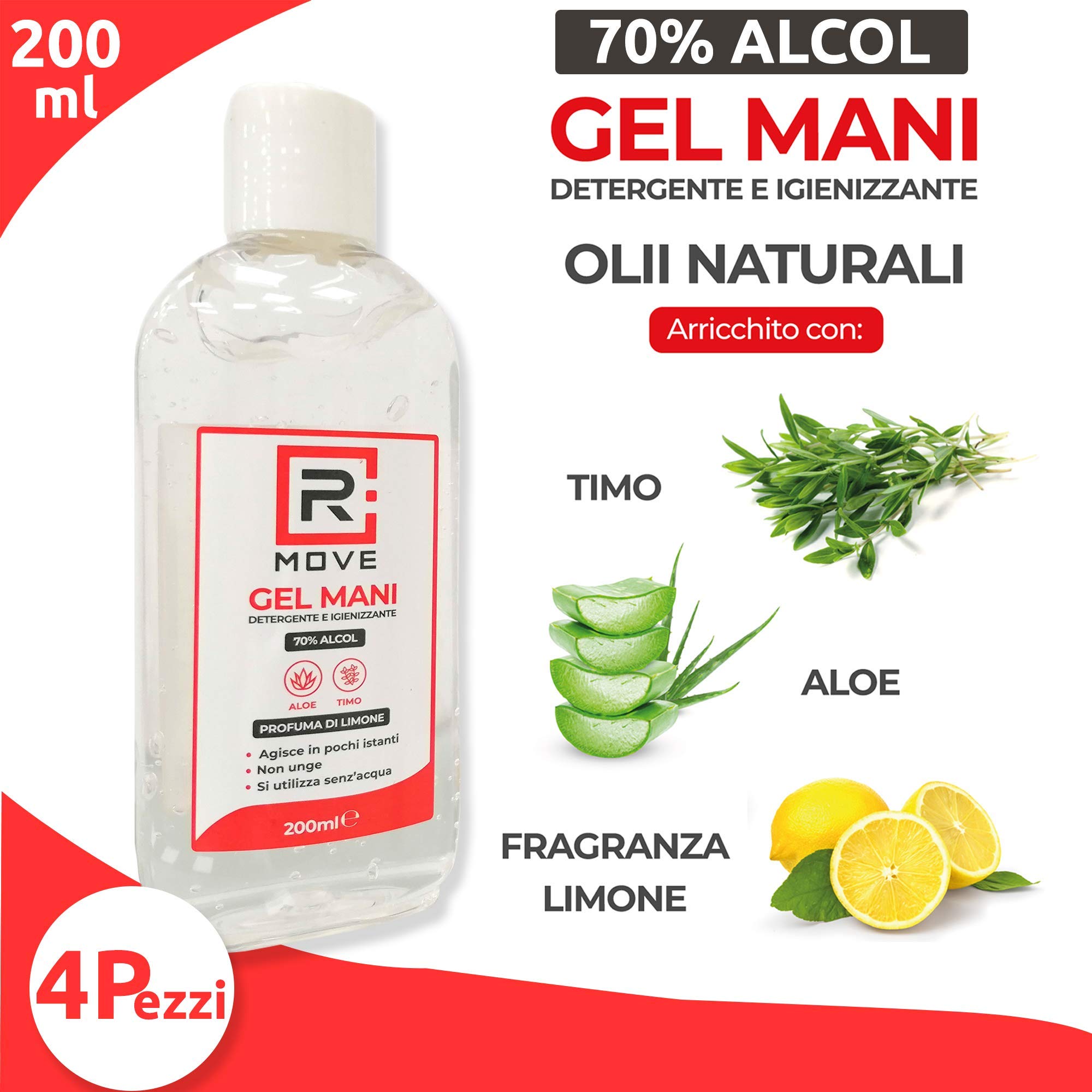 RMOVE 4 flaconi 200ml gel igienizzante mani 70% ALCOL profumato al limone con Aloe e Timo
